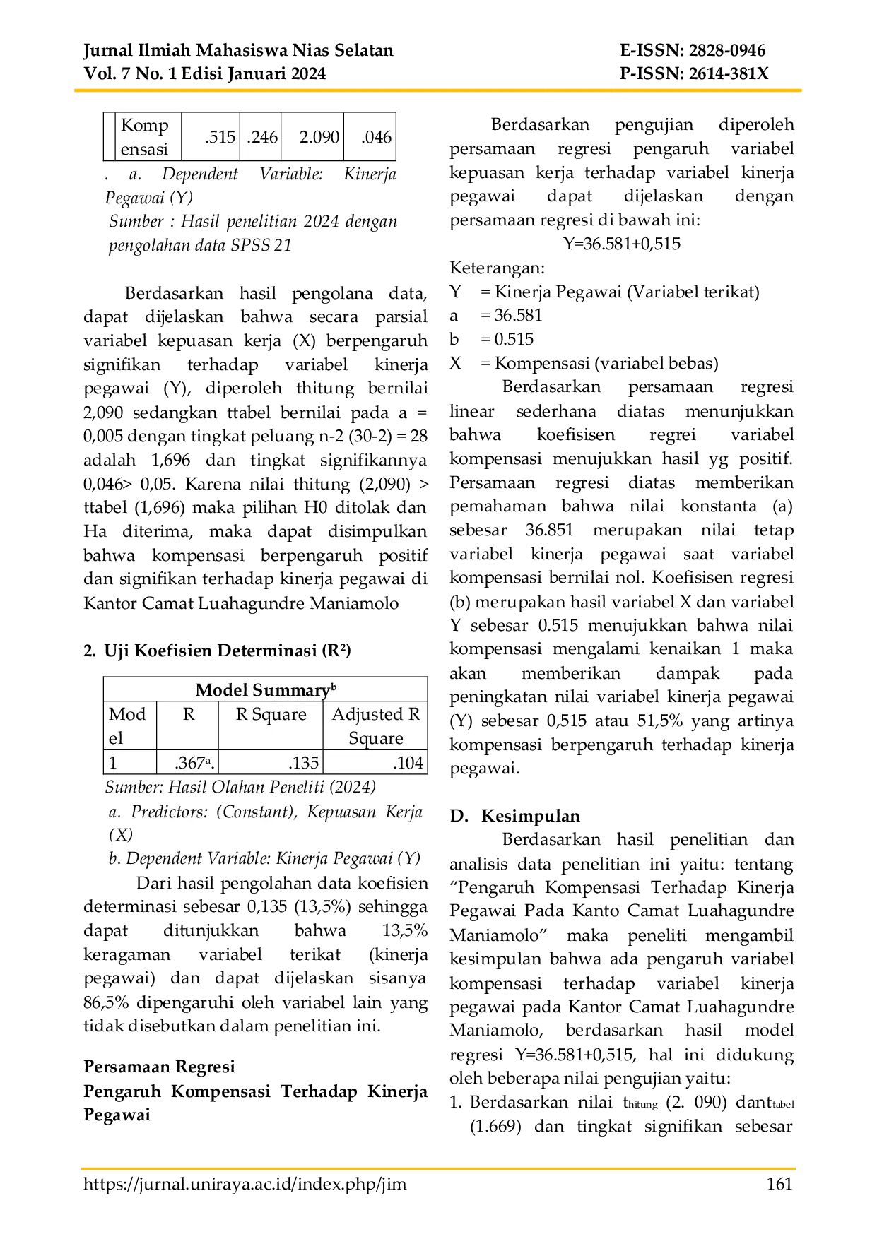 JURIS Pengaruh Kompensasi Terhadap Kinerja Pegawai Pada Kantor Camat Luahagundre Maniamolo