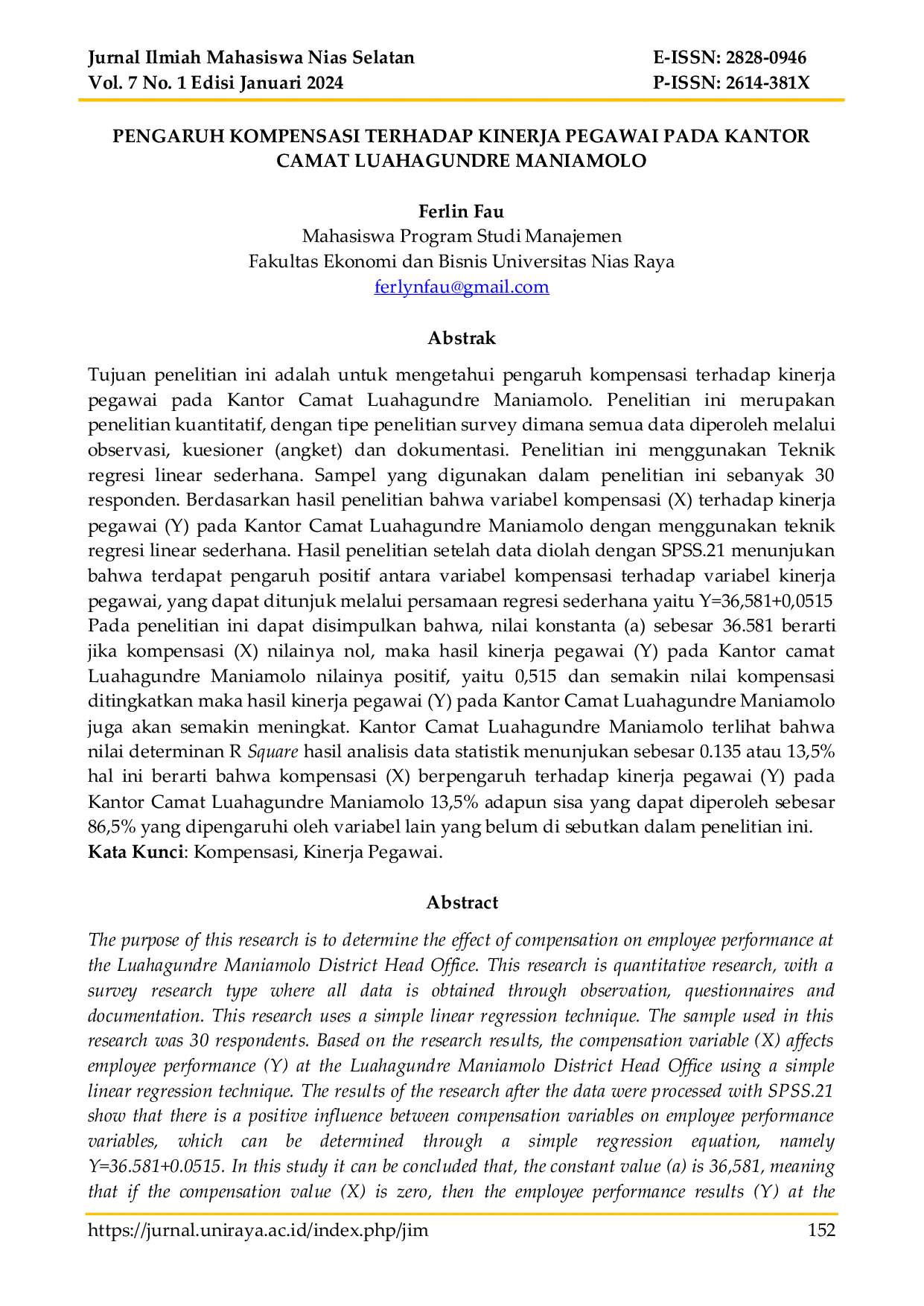 JURIS Pengaruh Kompensasi Terhadap Kinerja Pegawai Pada Kantor Camat Luahagundre Maniamolo
