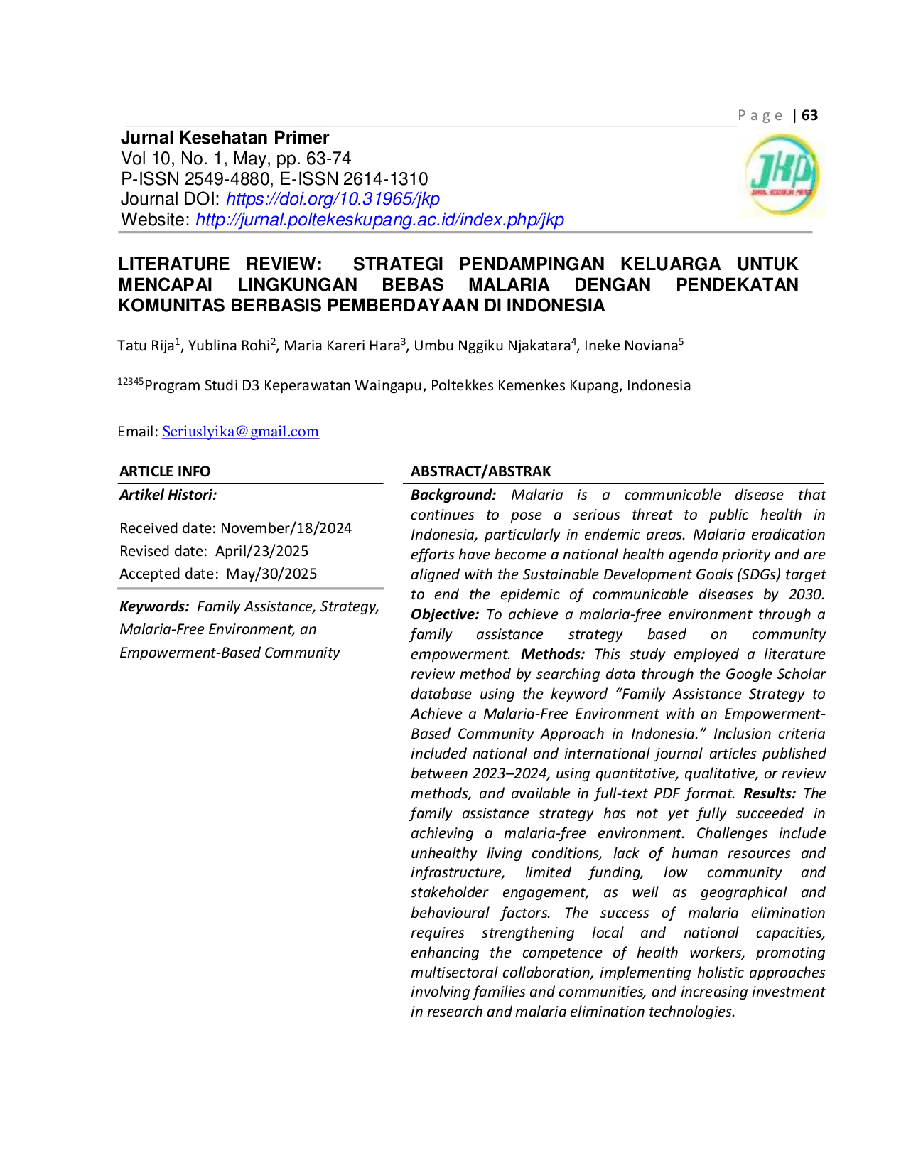JURIS Strategi Pendampingan Keluarga untuk Mencapai Lingkungan Bebas Malaria dengan Pendekatan Komunitas Berbasis Pemberdayaan di Indonesia