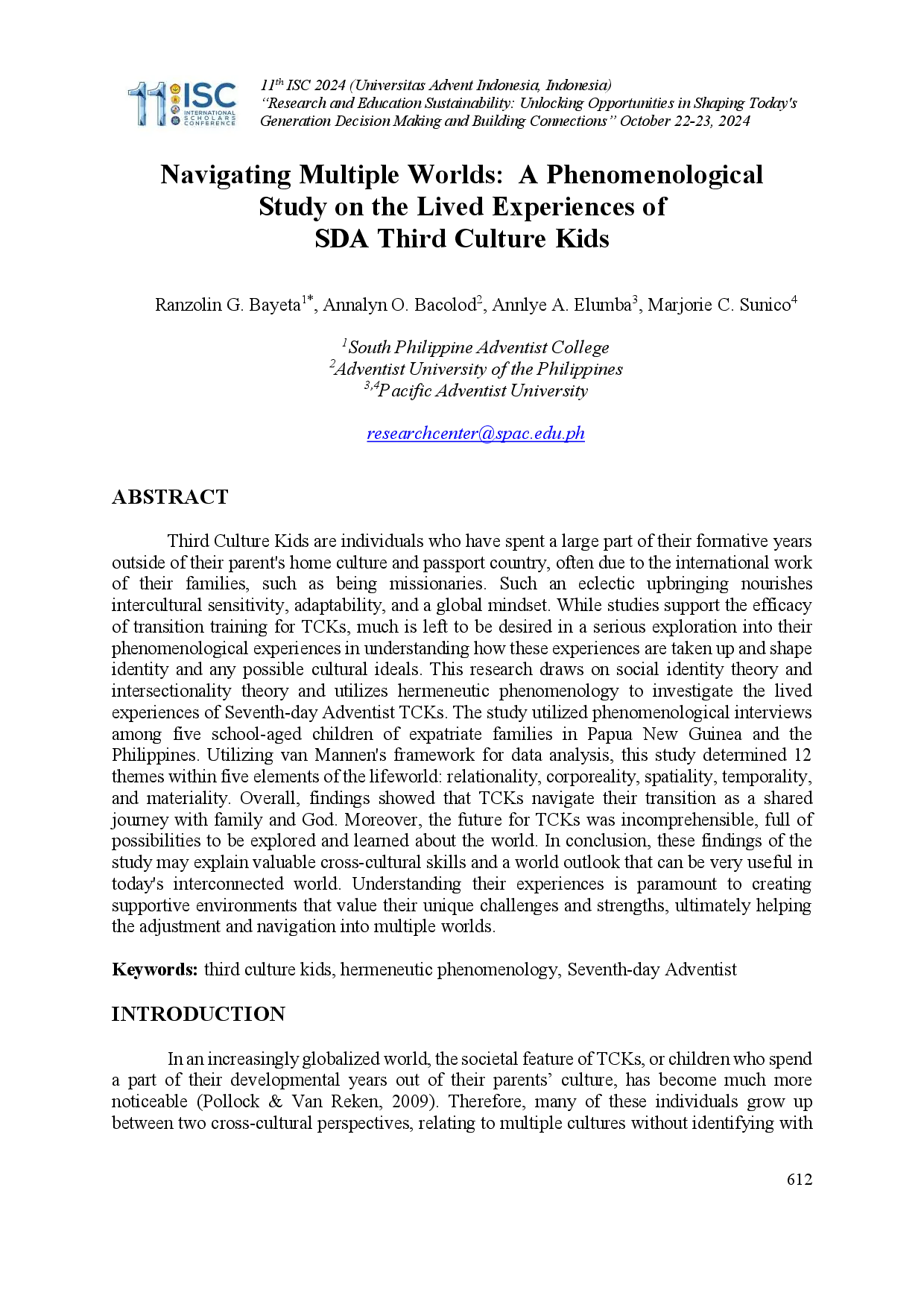 juris Navigating Multiple Worlds A Phenomenological Study on the Lived Experiences of SDA Third Culture Kids