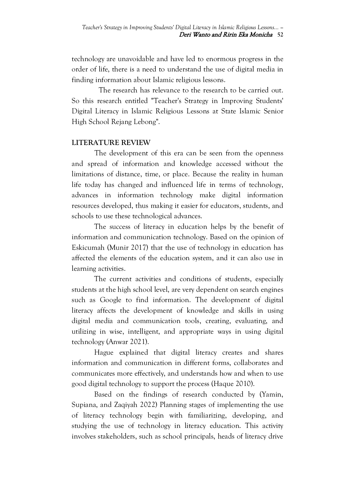 JURIS Teacher s Strategy in Improving Students Digital Literacy in Islamic Religious Lessons at State Islamic Senior High School MAN Rejang Lebong