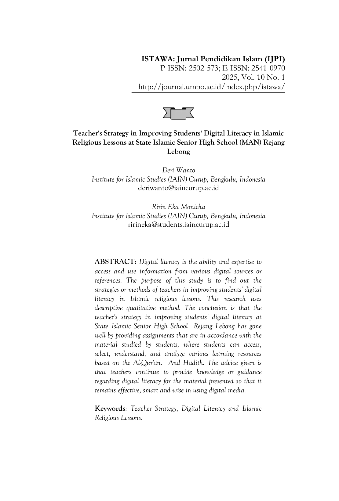 JURIS Teacher s Strategy in Improving Students Digital Literacy in Islamic Religious Lessons at State Islamic Senior High School MAN Rejang Lebong