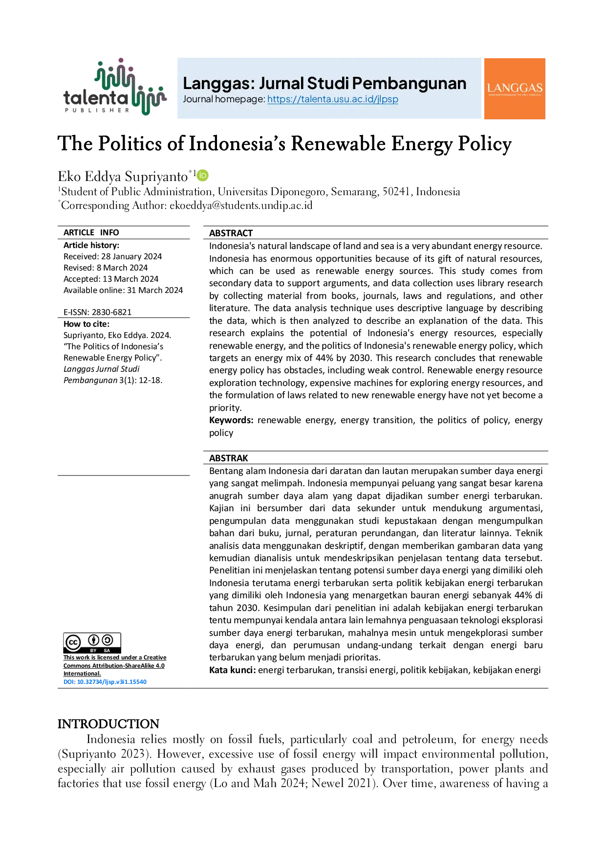 JURIS The Politics of Indonesia s Renewable Energy Policy
