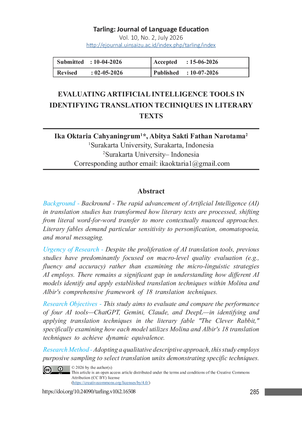 JURIS Evaluating Artificial Intelligence Tools in Identifying Translation Techniques in Literary Texts