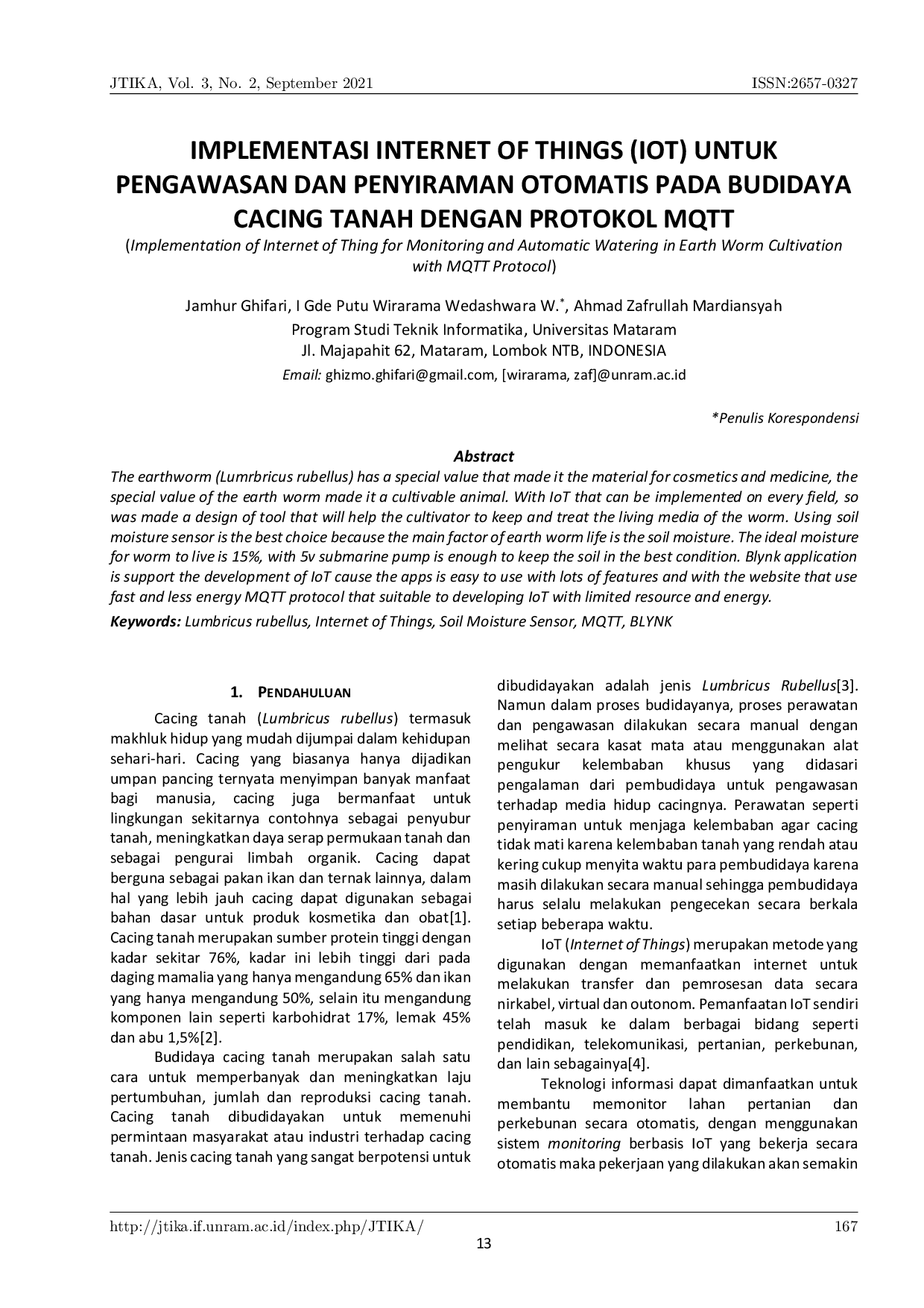 JURIS Implementasi Internet of Things IoT untuk Pengawasan dan Penyiraman Otomatis pada Budidaya Cacing Tanah dengan Protokol MQTT