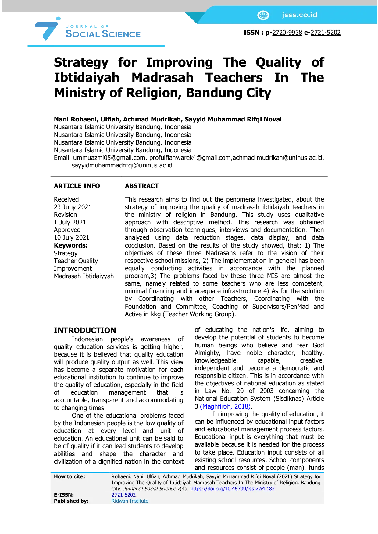 JURIS Strategy for Improving The Quality of Ibtidaiyah Madrasah Teachers In The Ministry of Religion Bandung City