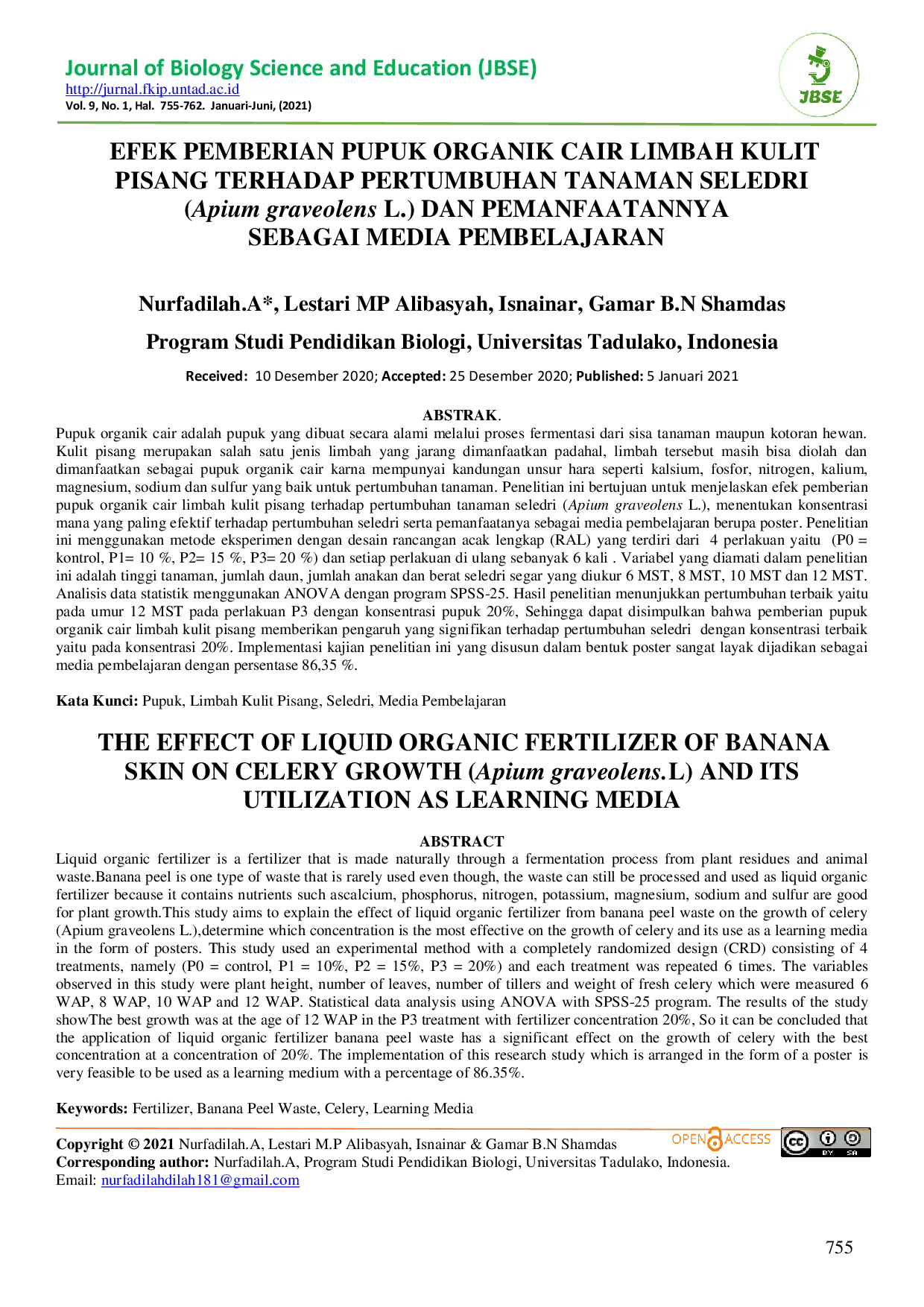 JURIS EFEK PEMBERIAN PUPUK ORGANIK CAIR LIMBAH KULIT PISANG TERHADAP PERTUMBUHAN TANAMAN SELEDRI Apium graveolens L DAN PEMANFAATANNYA SEBAGAI MEDIA PEMBELAJARAN