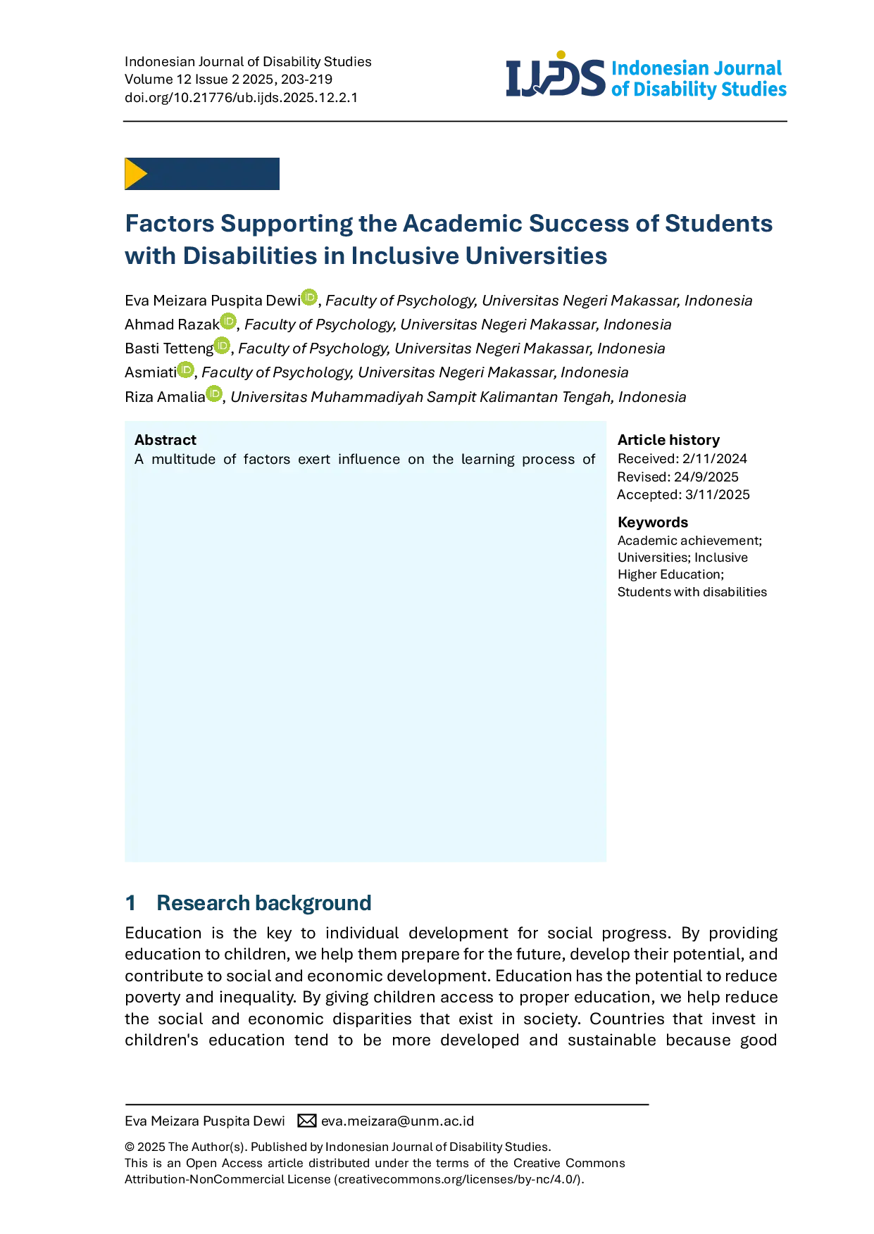 JURIS Factors Supporting the Academic Success of Students with Disabilities in Inclusive Universities