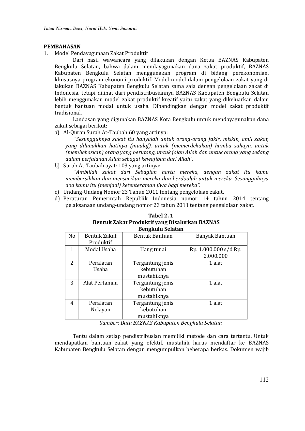 JURIS Pendayagunaan Zakat Poduktif dalam Meningkatan Usaha Mustahik Studi Kasus pada Badan Amil Zakat Nasional Kabupaten Bengkulu Selatan