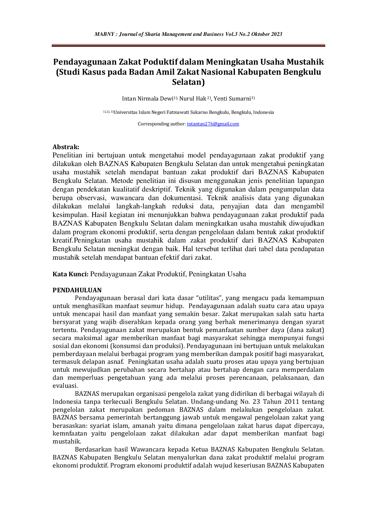 JURIS Pendayagunaan Zakat Poduktif dalam Meningkatan Usaha Mustahik Studi Kasus pada Badan Amil Zakat Nasional Kabupaten Bengkulu Selatan