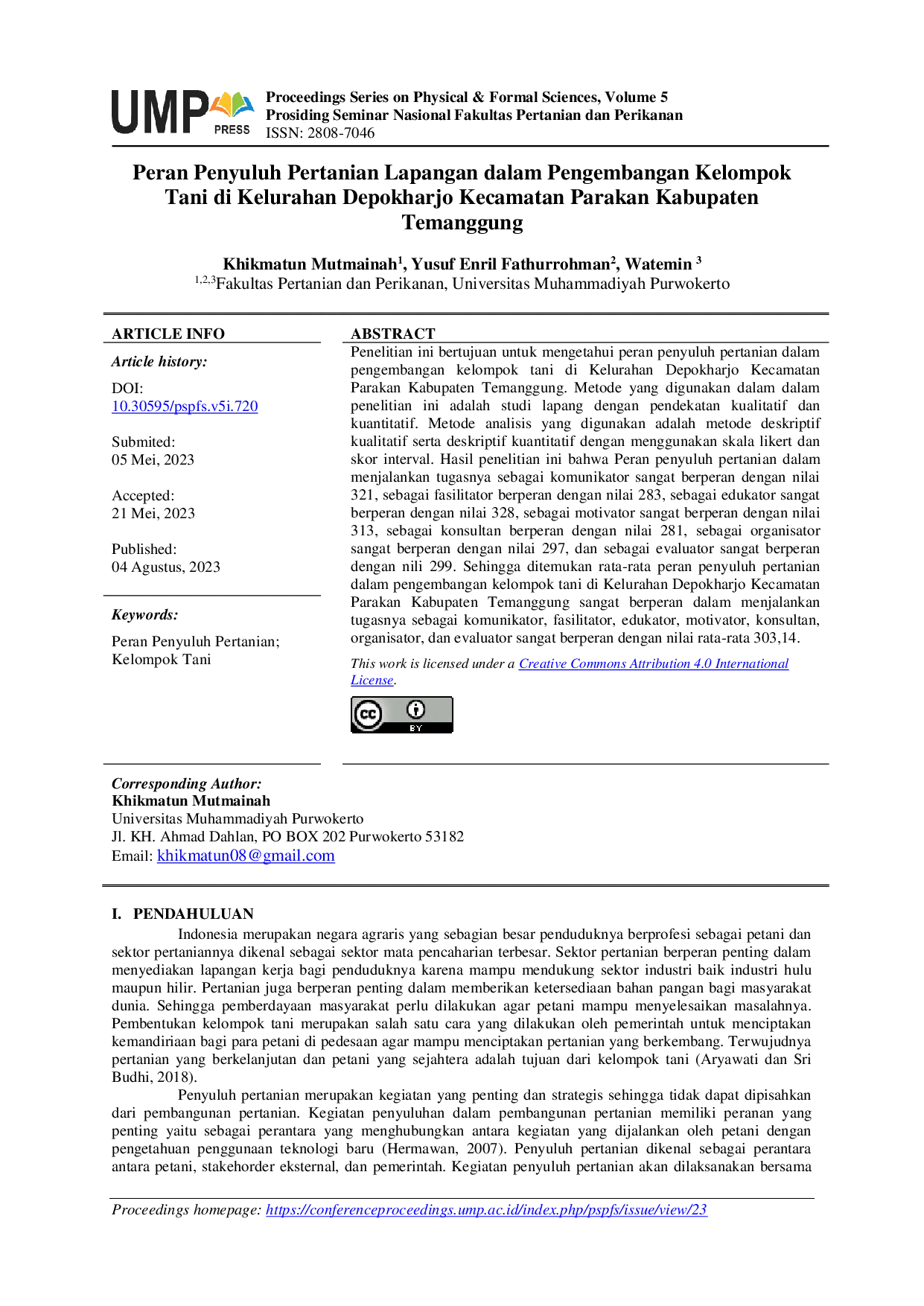 JURIS Peran Penyuluh Pertanian Lapangan dalam Pengembangan Kelompok Tani di Kelurahan Depokharjo Kecamatan Parakan Kabupaten Temanggung