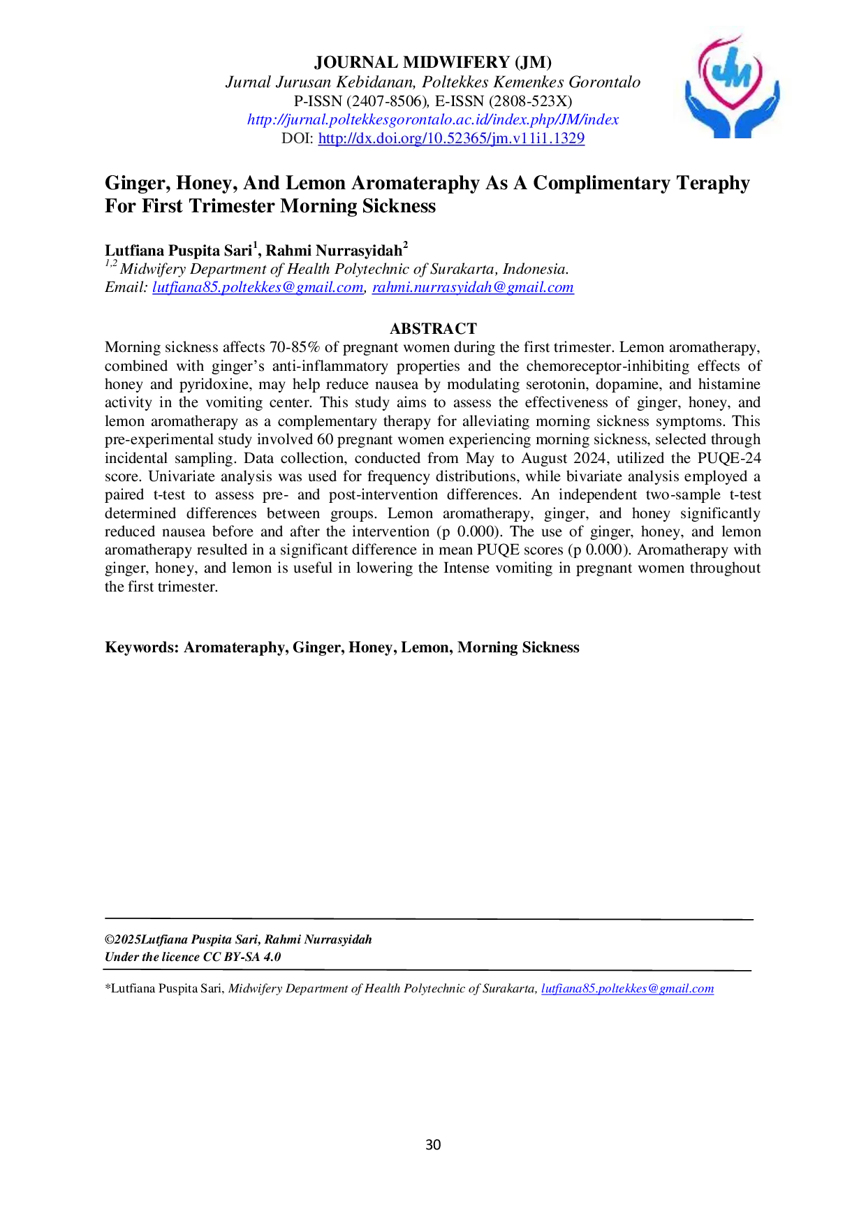 JURIS Ginger Honey And Lemon Aromateraphy As A Complimentary Teraphy For First Trimester Morning Sickness