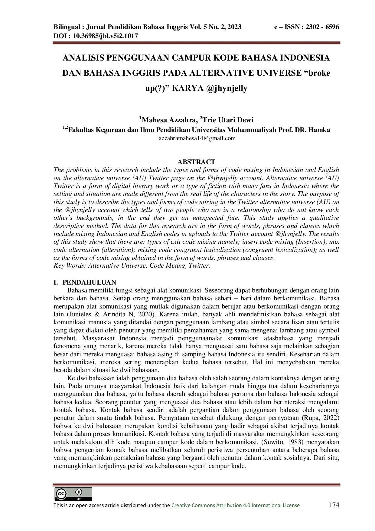 JURIS Analisis Penggunaan Campur Kode Bahasa Indonesia Dan Bahasa Inggris Pada Alternative Universe broke up KARYA jhynjelly