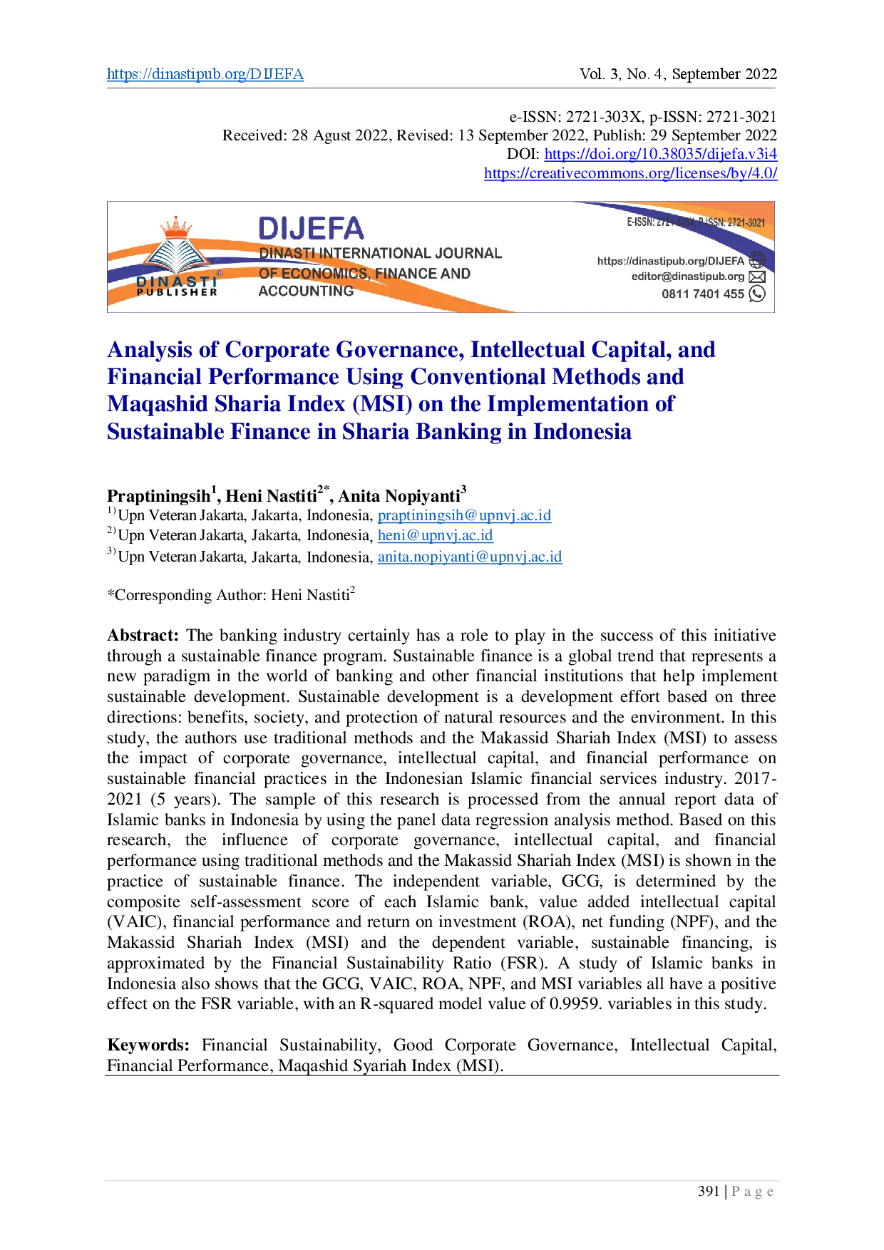 juris Analysis of Corporate Governance Intellectual Capital and Financial Performance Using Conventional Methods and Maqashid Sharia Index MSI on the Implementation of Sustainable Finance in Sharia Bank