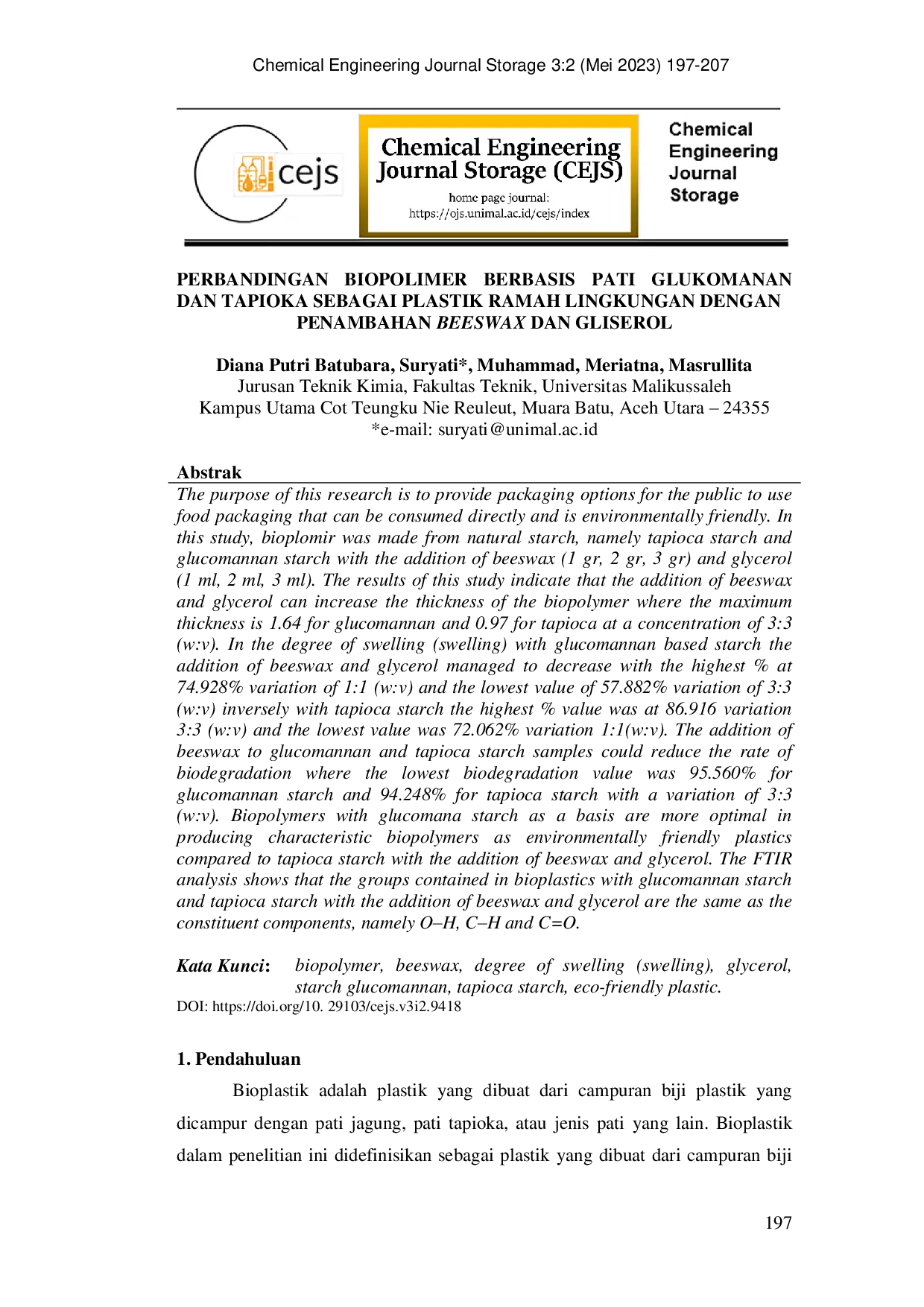 JURIS Perbandingan Biopolimer Berbasis Pati Glukomanan Dan Tapioka Sebagai Plastik Ramah Lingkungan Dengan Penambahan Beeswax Dan Gliserol