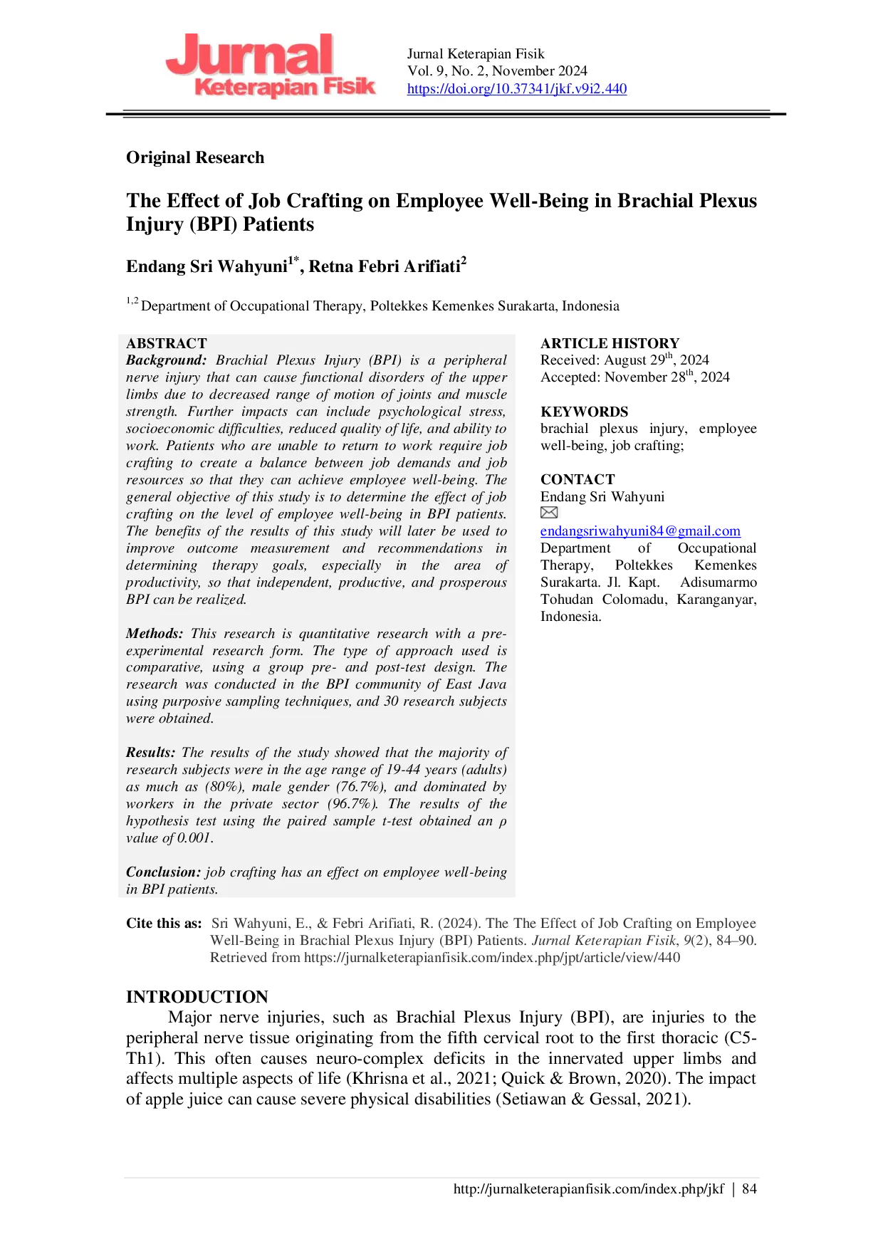 JURIS The The Effect of Job Crafting on Employee Well Being in Brachial Plexus Injury BPI Patients