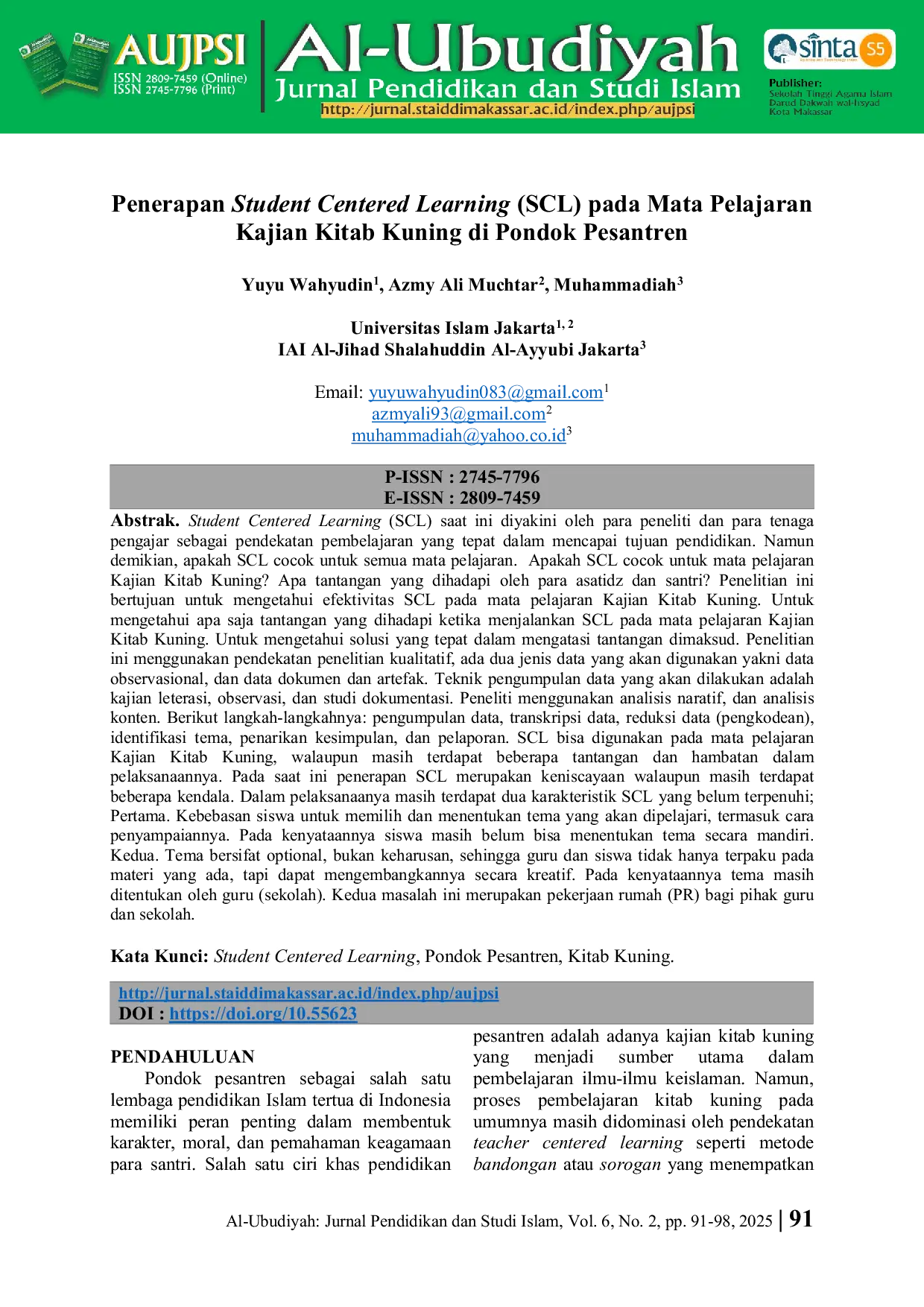 JURIS Penerapan Student Centered Learning SCL pada Mata Pelajaran Kajian Kitab Kuning Di Pondok Pesantren