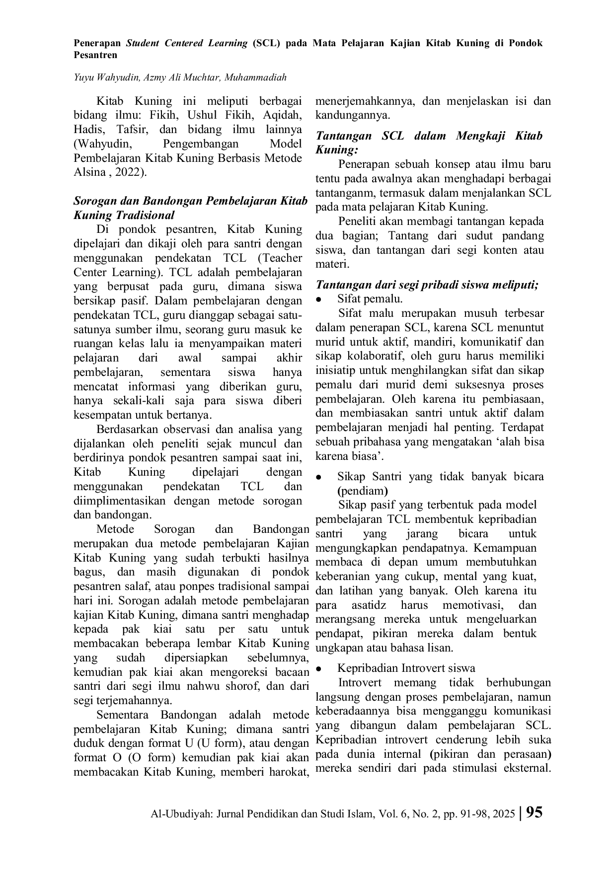 JURIS Penerapan Student Centered Learning SCL pada Mata Pelajaran Kajian Kitab Kuning Di Pondok Pesantren