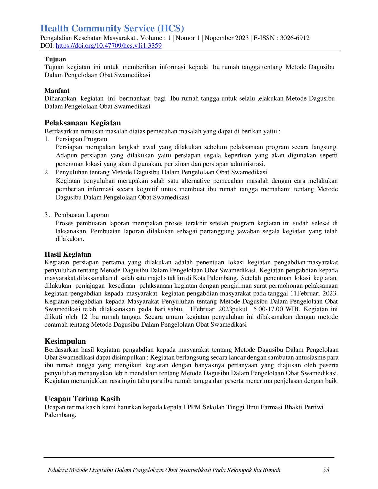 JURIS Edukasi Metode Dagusibu Dalam Pengelolaan Obat Swamedikasi Pada Kelompok Ibu Rumah Tangga
