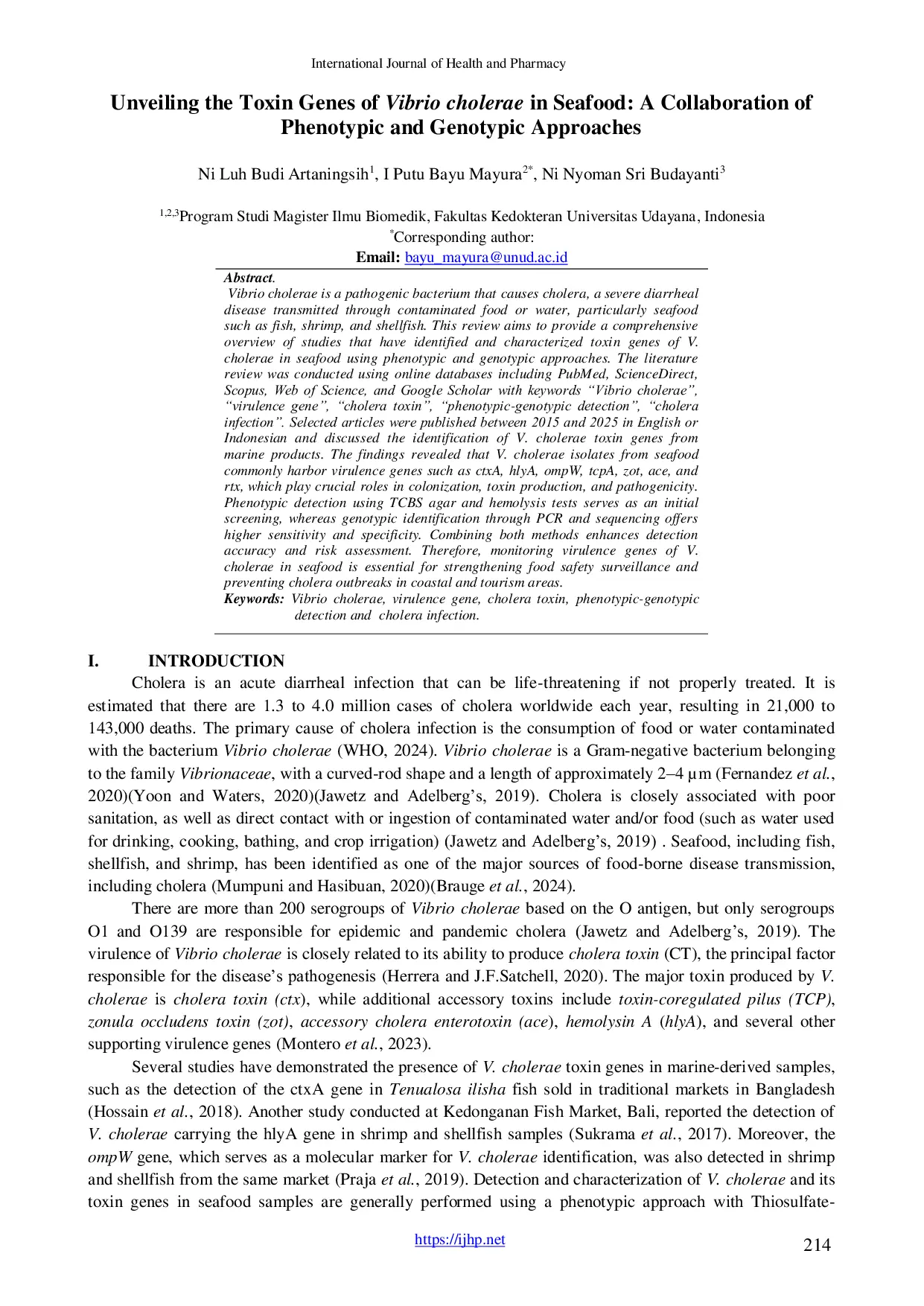 JURIS Unveiling the Toxin Genes of Vibrio cholerae in Seafood A Collaboration of Phenotypic and Genotypic Approaches