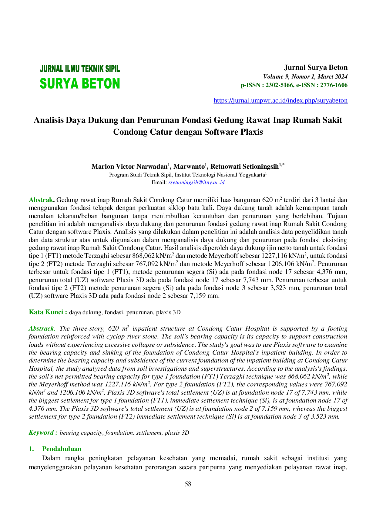 JURIS Analisis Daya Dukung Dan Penurunan Fondasi Gedung Rawat Inap Rumah Sakit Condong Catur Dengan Software Plaxis