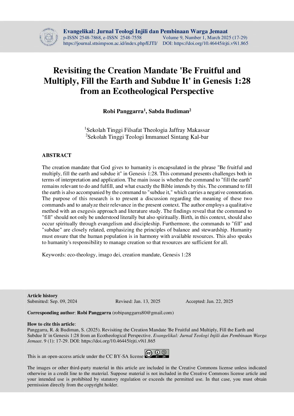 juris Revisiting The Creation Mandate Be Fruitful And Multiply Fill The Earth And Subdue It In Genesis 1 28 From An Ecotheological Perspective