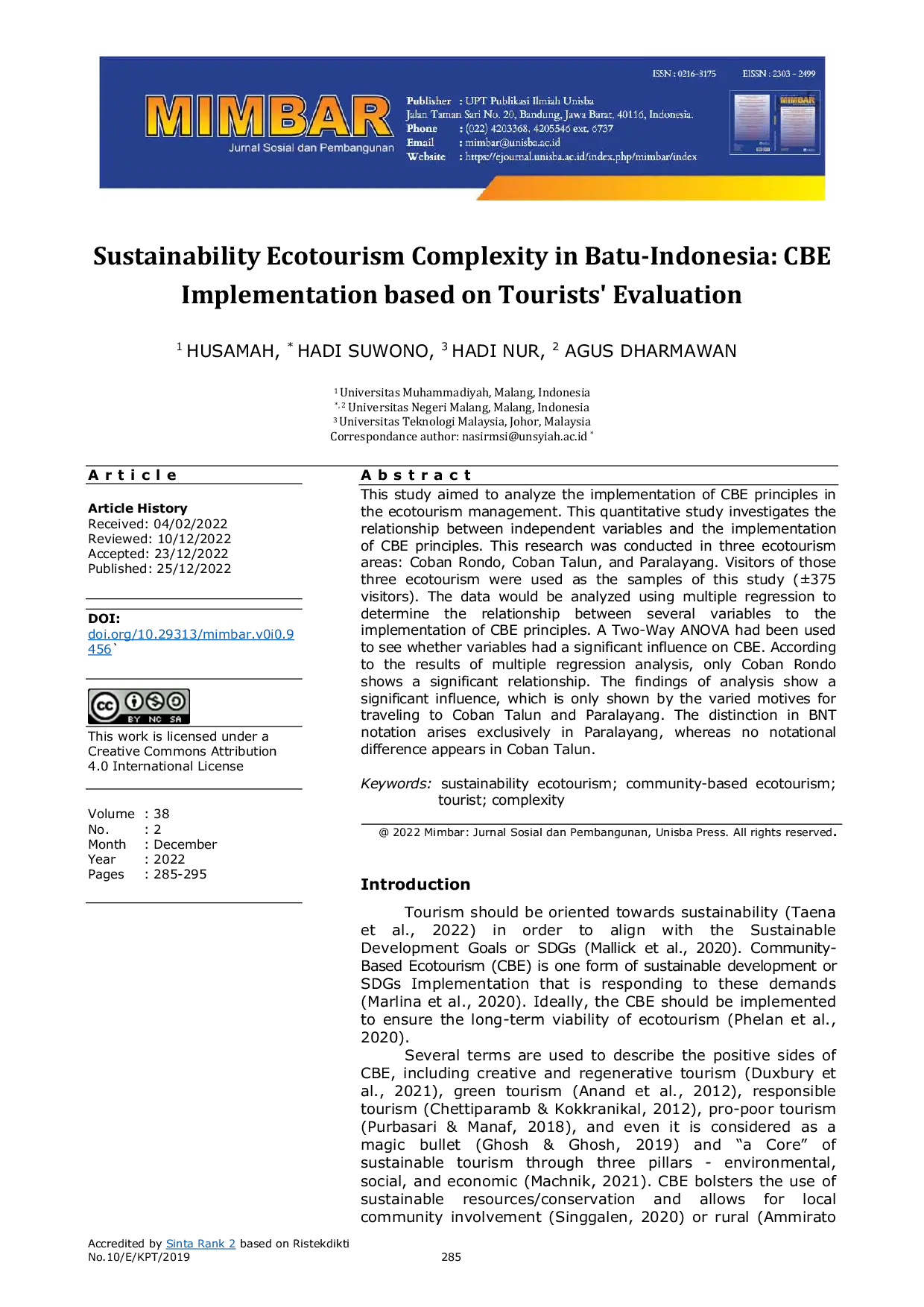 JURIS Sustainability Ecotourism Complexity in Batu Indonesia CBE Implementation based on Tourists Evaluation