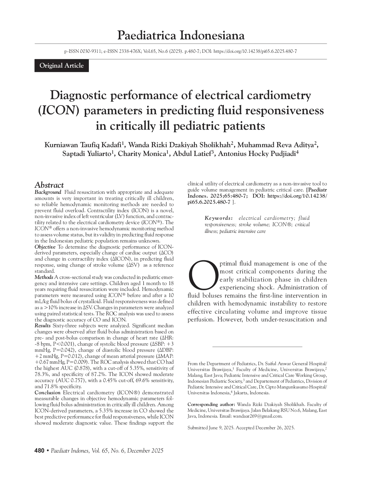 JURIS Diagnostic performance of electrical cardiometry ICON parameters in predicting fluid responsiveness in critically ill pediatric patients