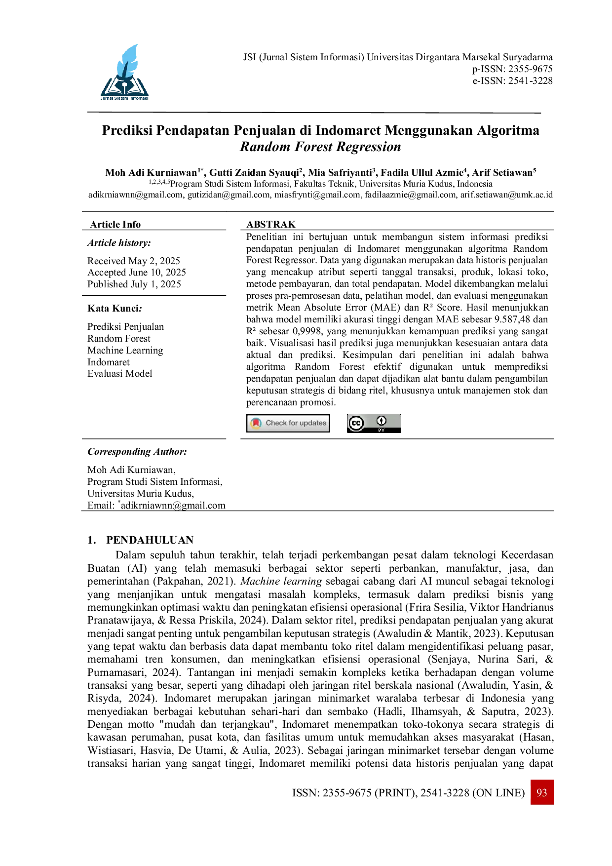JURIS Prediksi Pendapatan Penjualan di Indomaret Menggunakan Algoritma Random Forest Regression