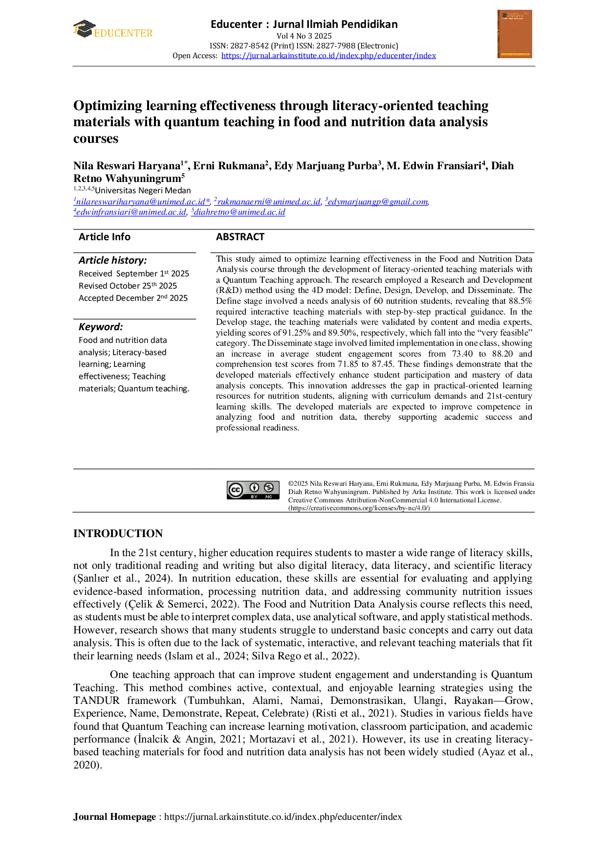 JURIS Optimizing learning effectiveness through literacy oriented teaching materials with quantum teaching in food and nutrition data analysis courses