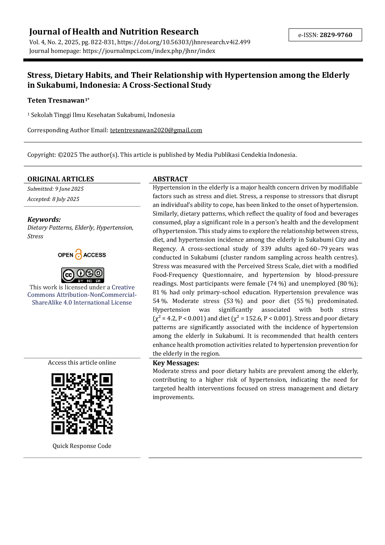 JURIS Stress Dietary Habits and Their Relationship with Hypertension among the Elderly in Sukabumi Indonesia A Cross Sectional Study