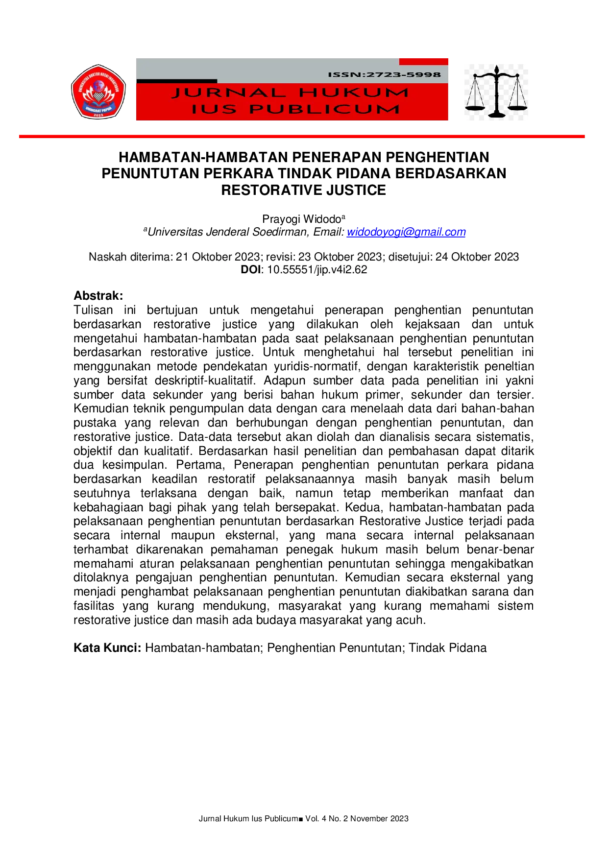 JURIS Hambatan Hambatan Penerapan Penghentian Penuntutan Perkara Tindak Pidana Berdasarkan Restorative Justice