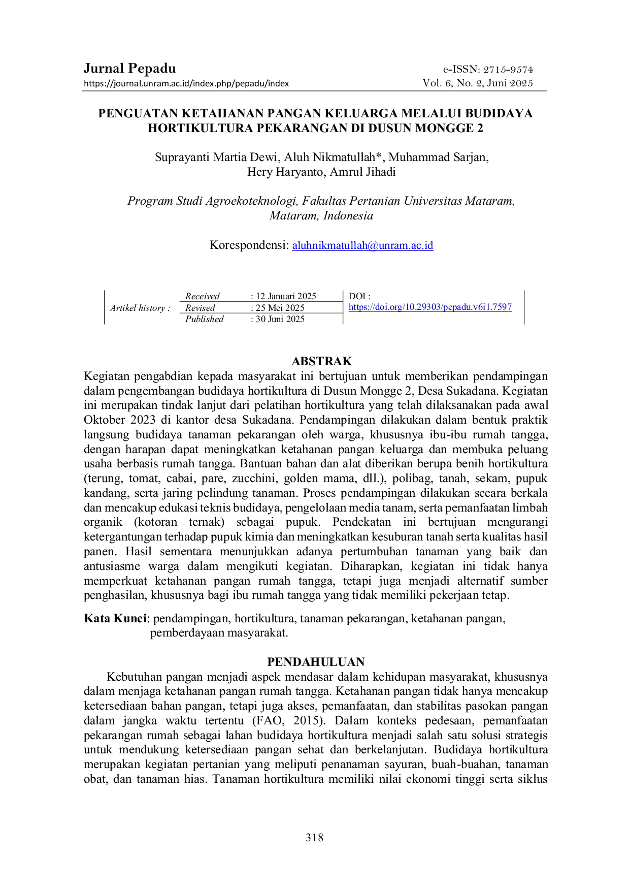 JURIS Penguatan Ketahanan Pangan Keluarga Melalui Budidaya Hortikultura Pekarangan Di Dusun Mongge 2