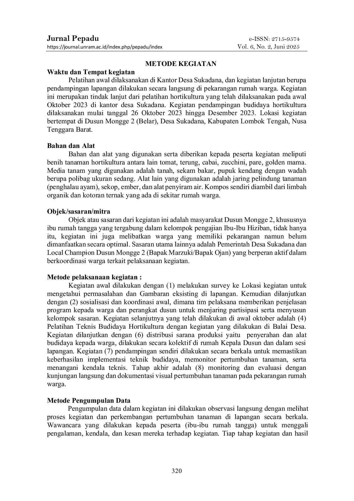 JURIS Penguatan Ketahanan Pangan Keluarga Melalui Budidaya Hortikultura Pekarangan Di Dusun Mongge 2