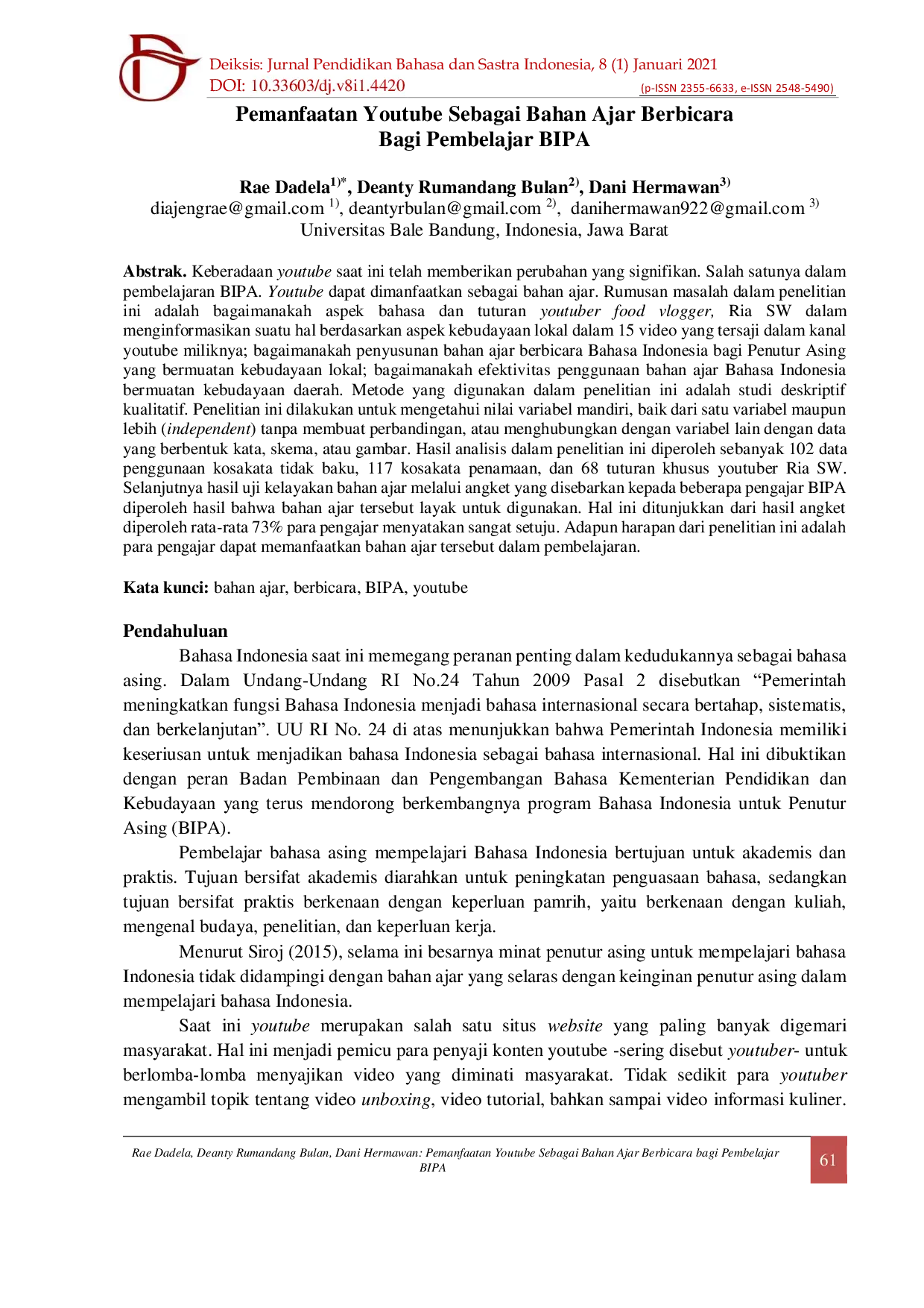 JURIS Pemanfaatan Youtube Sebagai Bahan Ajar Berbicara Bagi Pembelajar BIPA