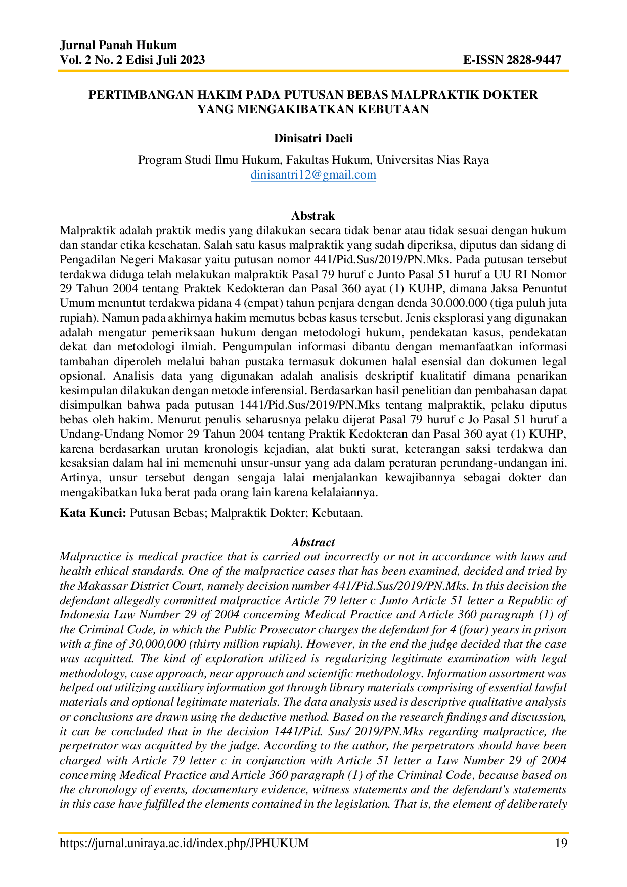 JURIS Pertimbangan Hakim pada Putusan Bebas Malpraktik Dokter yang Mengakibatkan Kebutaan