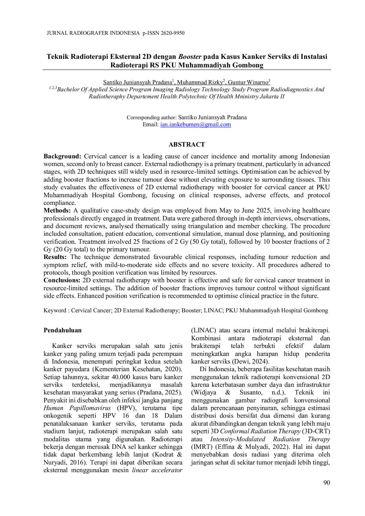 JURIS Teknik Radioterapi Eksternal 2D dengan Booster pada Kasus Kanker Serviks di Instalasi Radioterapi RS PKU Muhammadiyah Gombong