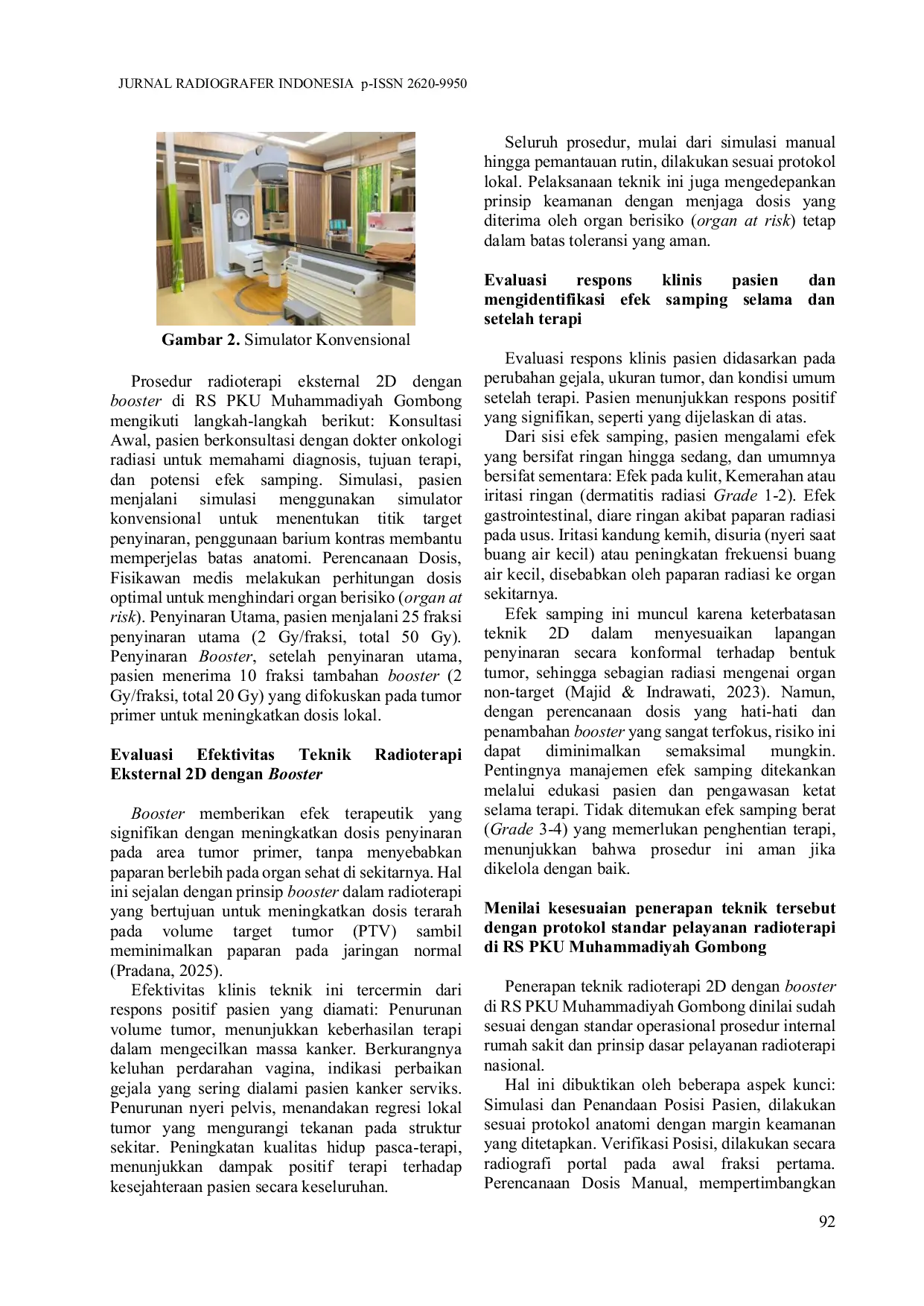 JURIS Teknik Radioterapi Eksternal 2D dengan Booster pada Kasus Kanker Serviks di Instalasi Radioterapi RS PKU Muhammadiyah Gombong