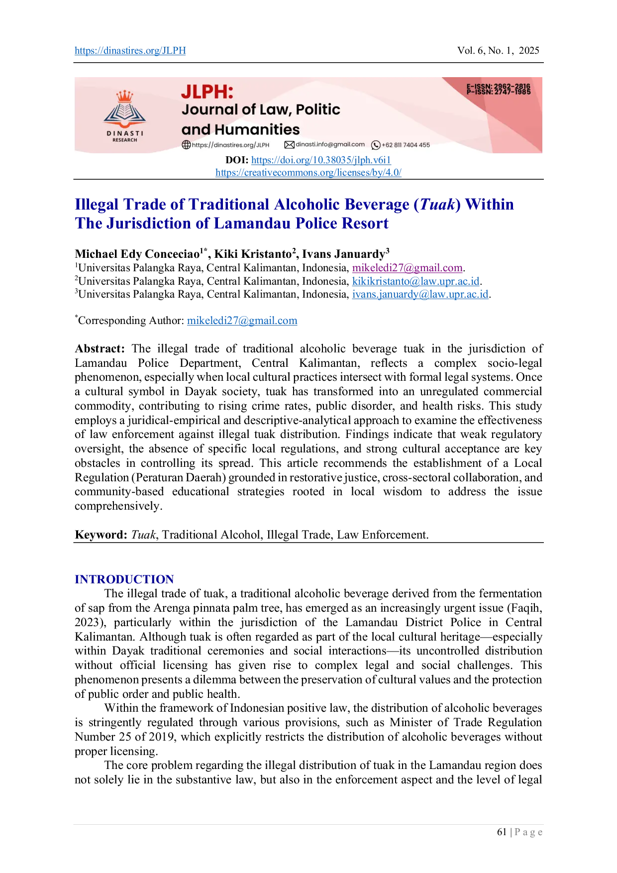 JURIS Illegal Trade of Traditional Alcoholic Beverage Tuak within the Jurisdiction of Lamandau Police Resort