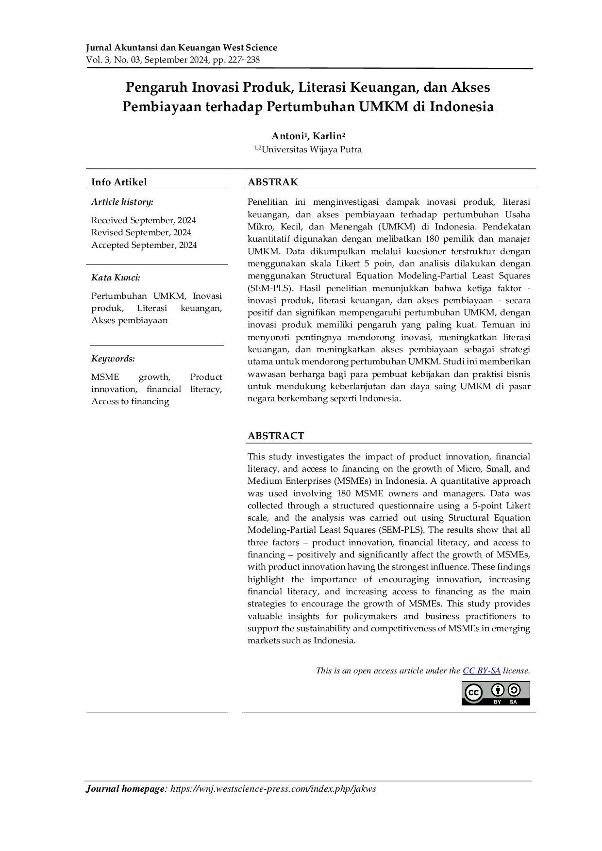 JURIS Pengaruh Inovasi Produk Literasi Keuangan dan Akses Pembiayaan terhadap Pertumbuhan UMKM di Indonesia