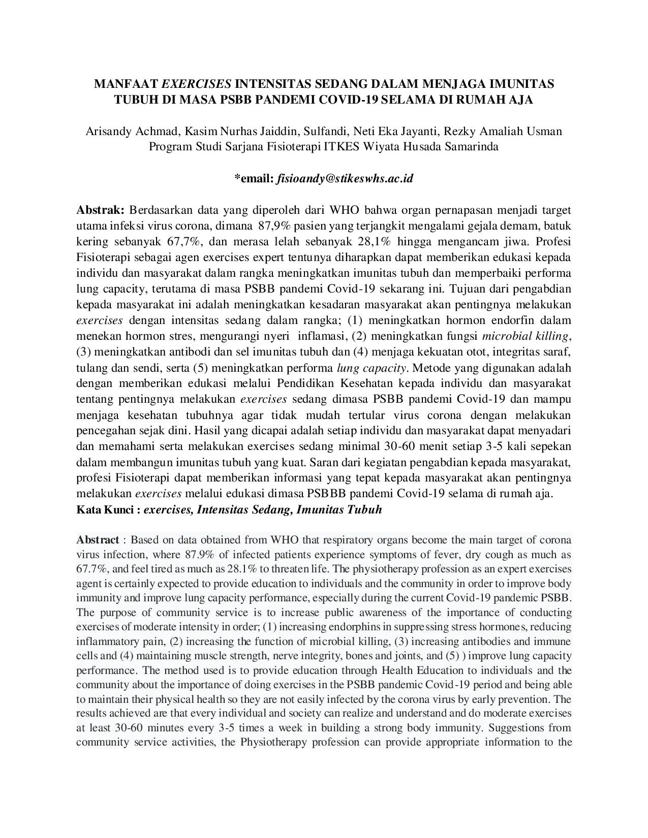 JURIS Manfaat Exercises Intensitas Sedang dalam Menjaga Imunitas Tubuh di Masa PSBB Pandemi Covid 19 Selama di Rumah Aja