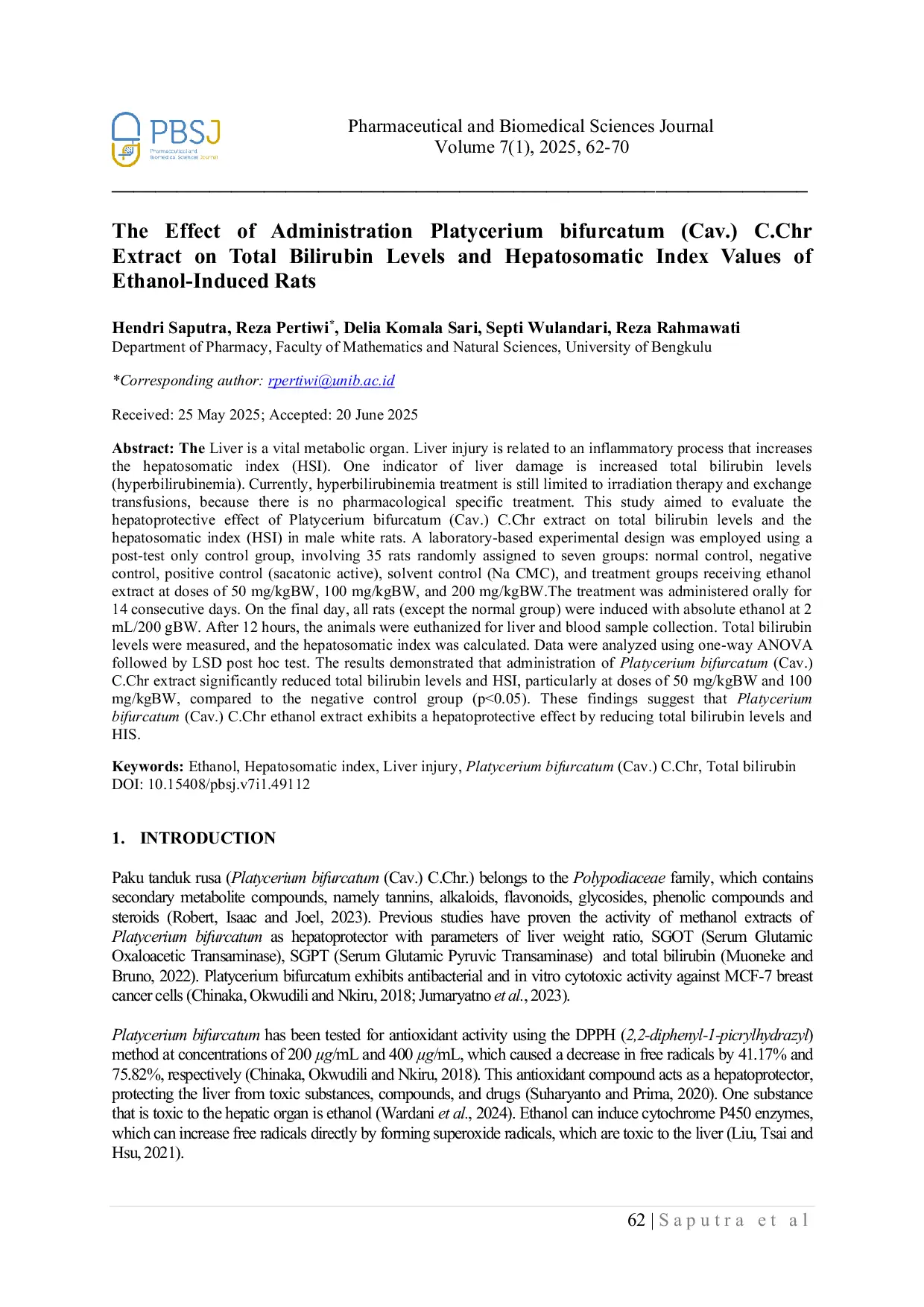 JURIS The Effect of Administration Platycerium bifurcatum Cav C Chr Extract on Total Bilirubin Levels and Hepatosomatic Index Values of Ethanol Induced Rats