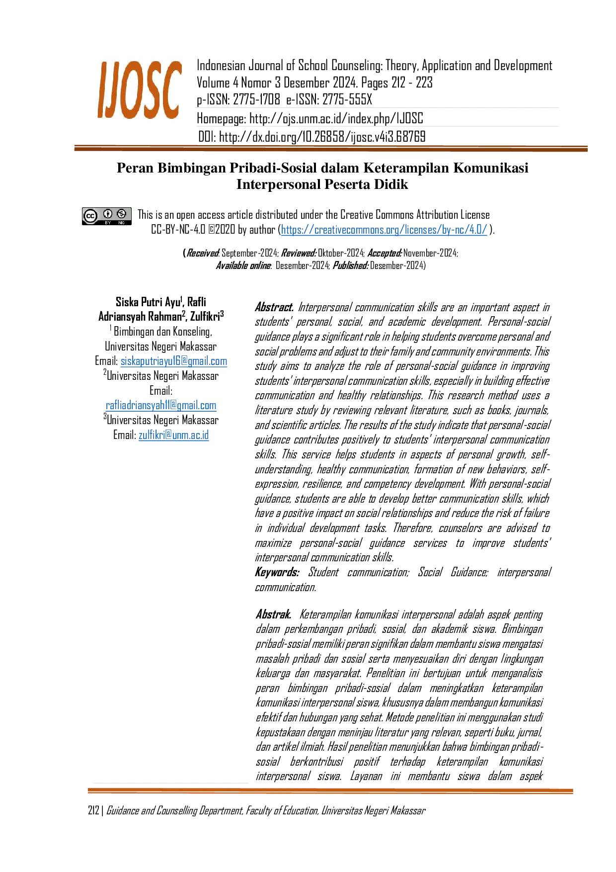 JURIS Peran Bimbingan Pribadi Sosial dalam Keterampilan Komunikasi Interpersonal Peserta Didik