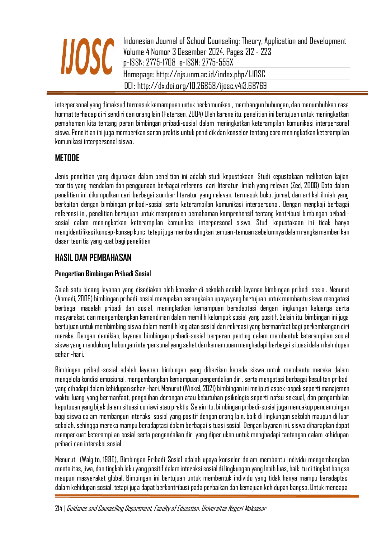 JURIS Peran Bimbingan Pribadi Sosial dalam Keterampilan Komunikasi Interpersonal Peserta Didik