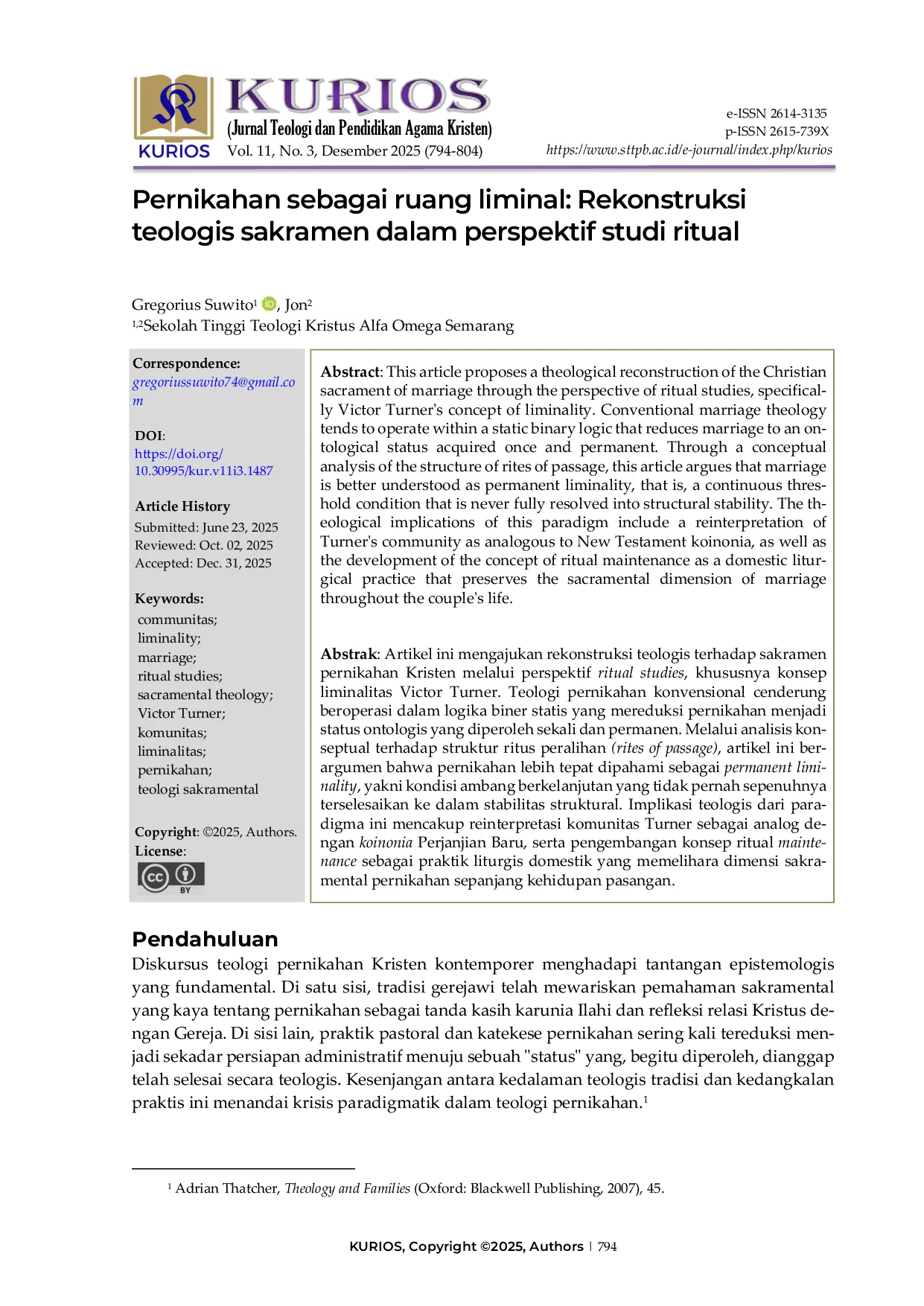 JURIS Pernikahan sebagai ruang liminal Rekonstruksi teologis sakramen dalam perspektif studi ritual