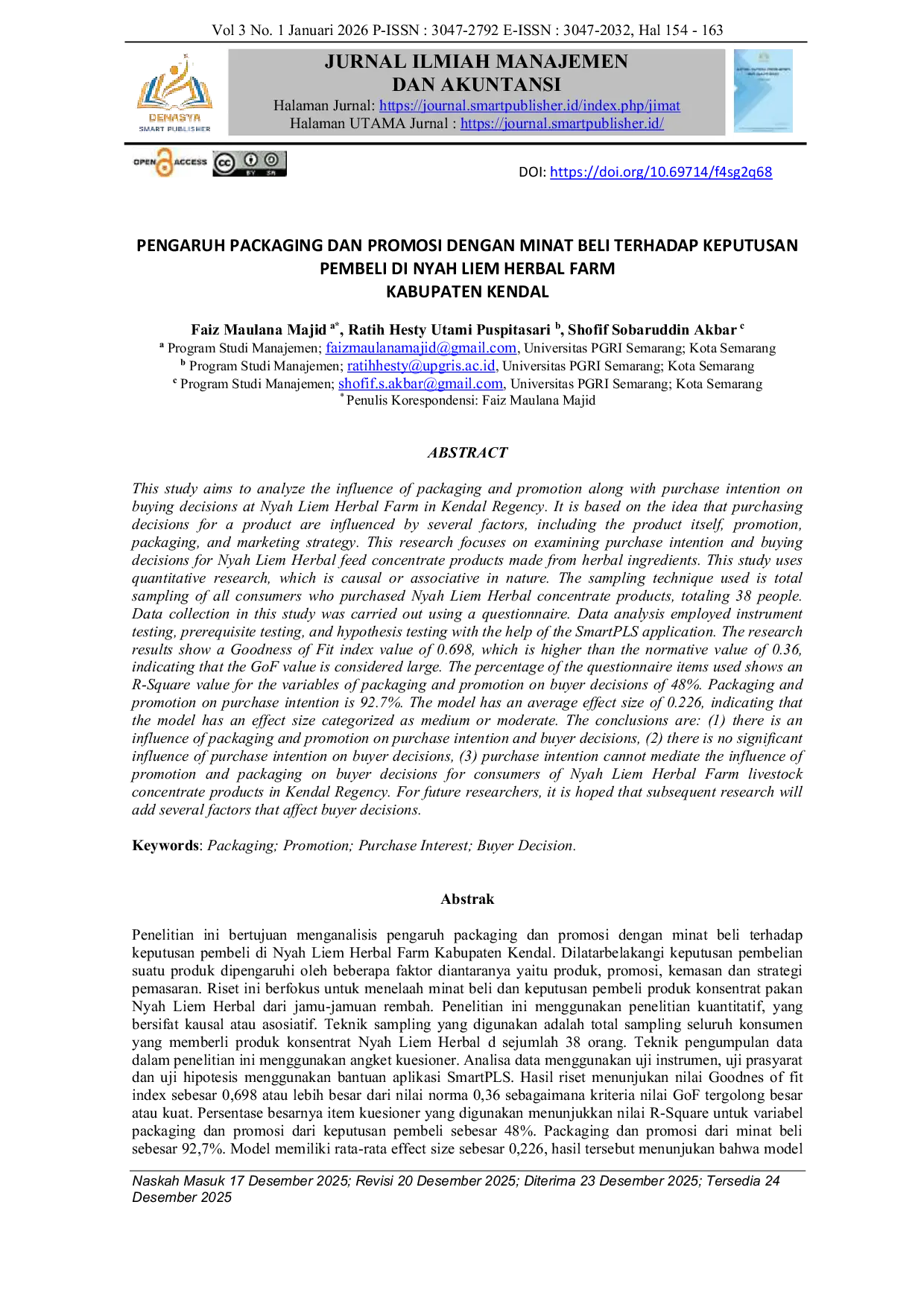 JURIS PENGARUH PACKAGING DAN PROMOSI DENGAN MINAT BELI TERHADAP KEPUTUSAN PEMBELI DI NYAH LIEM HERBAL FARM KABUPATEN KENDAL