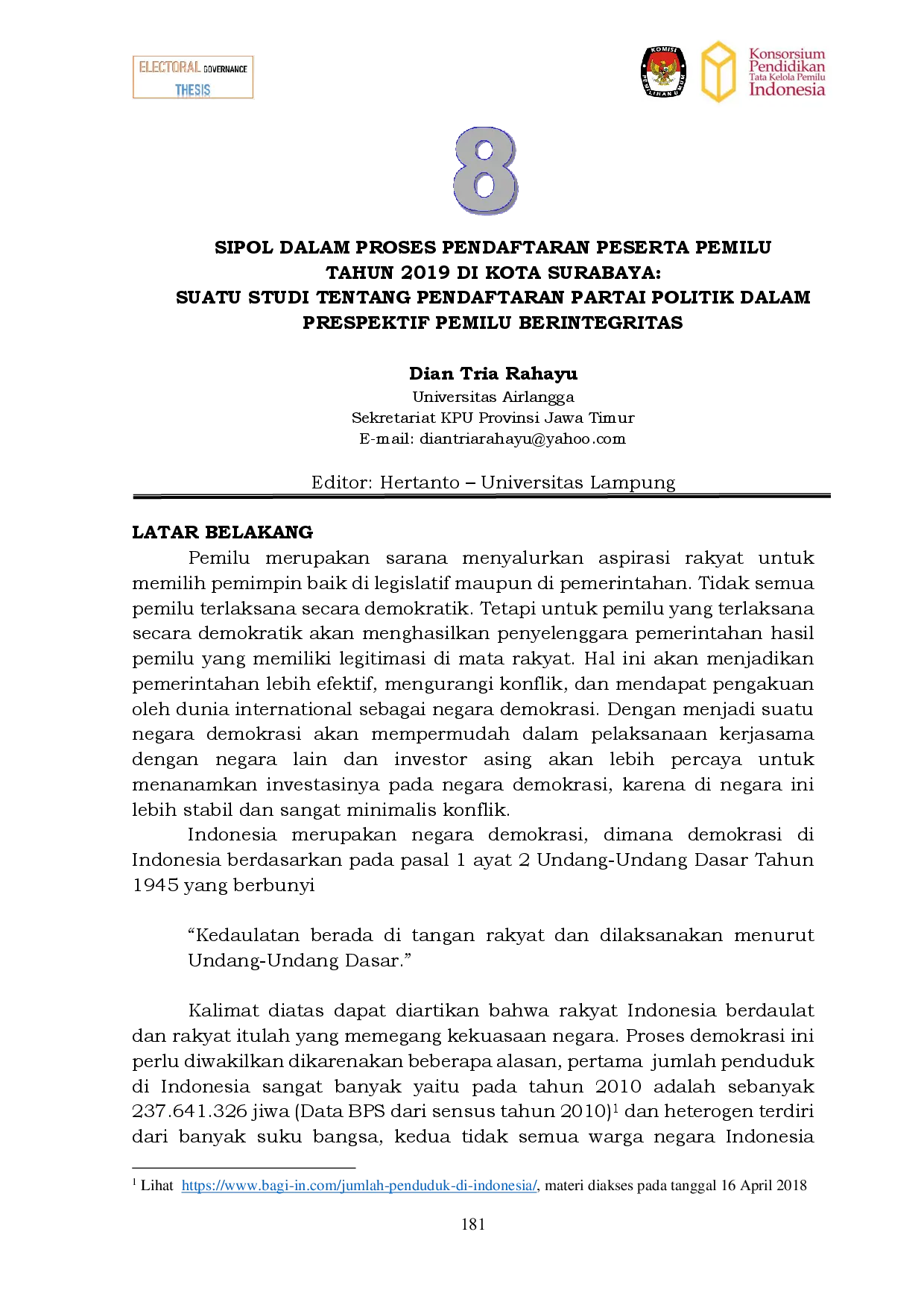juris SIPOL Dalam Proses Pendaftaran Peserta Pemilu Tahun 2019 Di Kota Surabaya Suatu Studi Tentang Pendaftaran Partai Politik Dalam Perspektif Pemilu Berintegritas