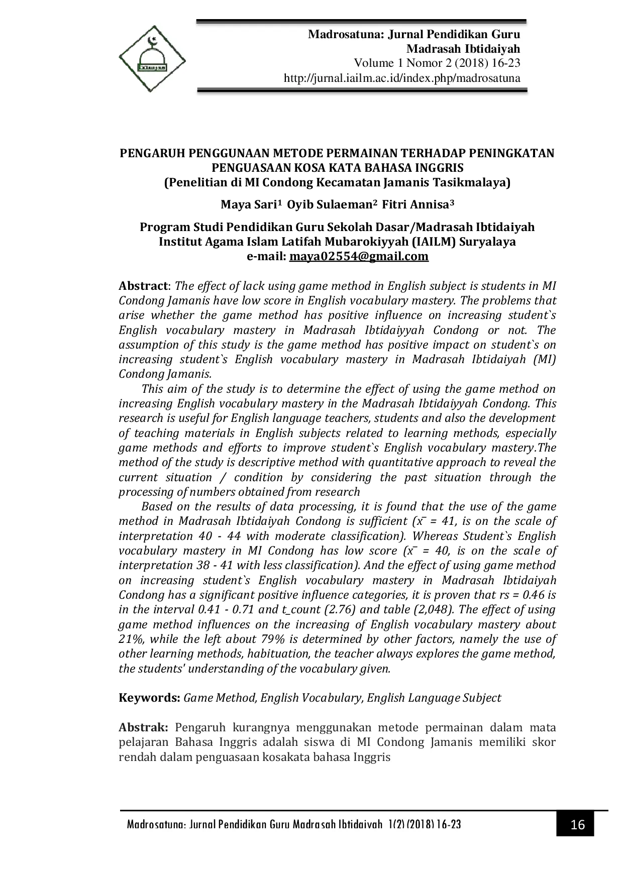 JURIS PENGARUH PENGGUNAAN METODE PERMAINAN TERHADAP PENINGKATAN PENGUASAAN KOSA KATA BAHASA INGGRIS