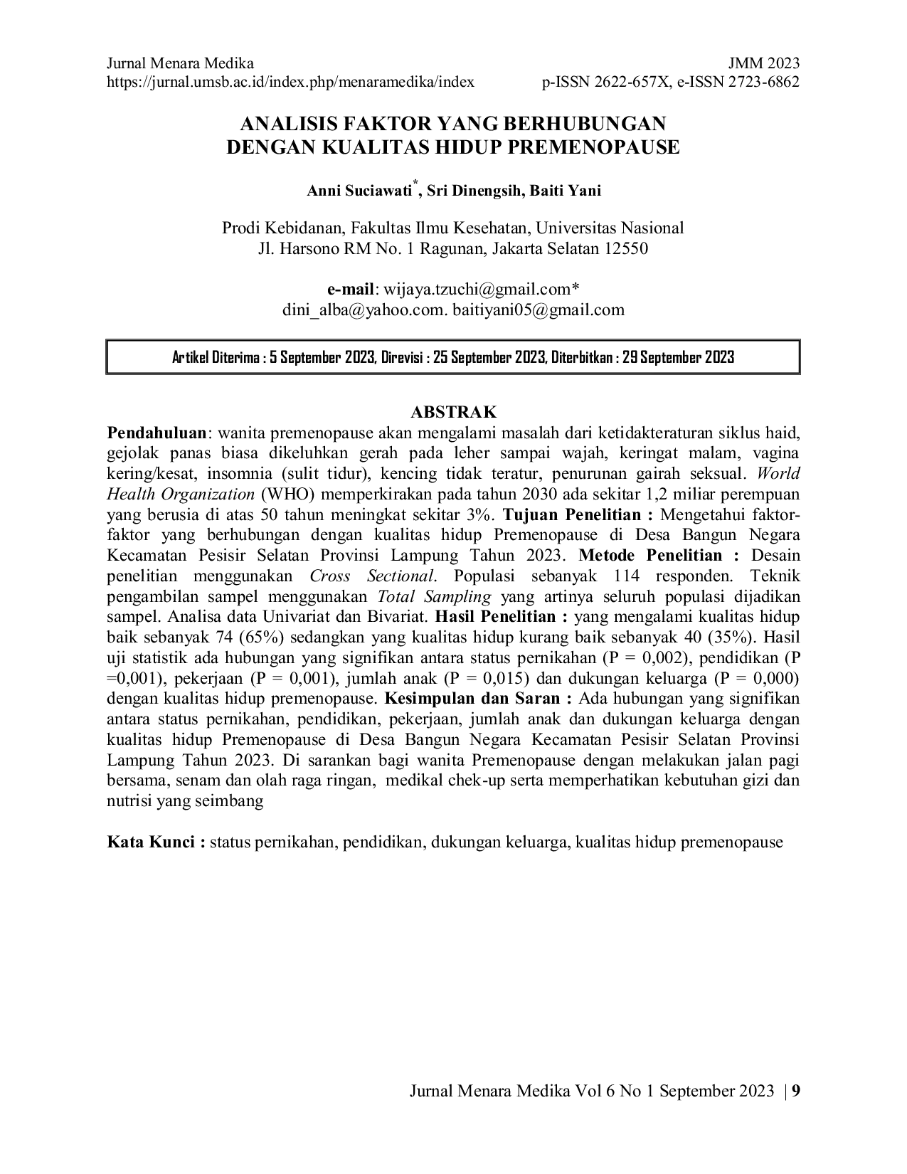 JURIS Analisis Faktor Yang Berhubungan Dengan Kualitas Hidup Premenopause