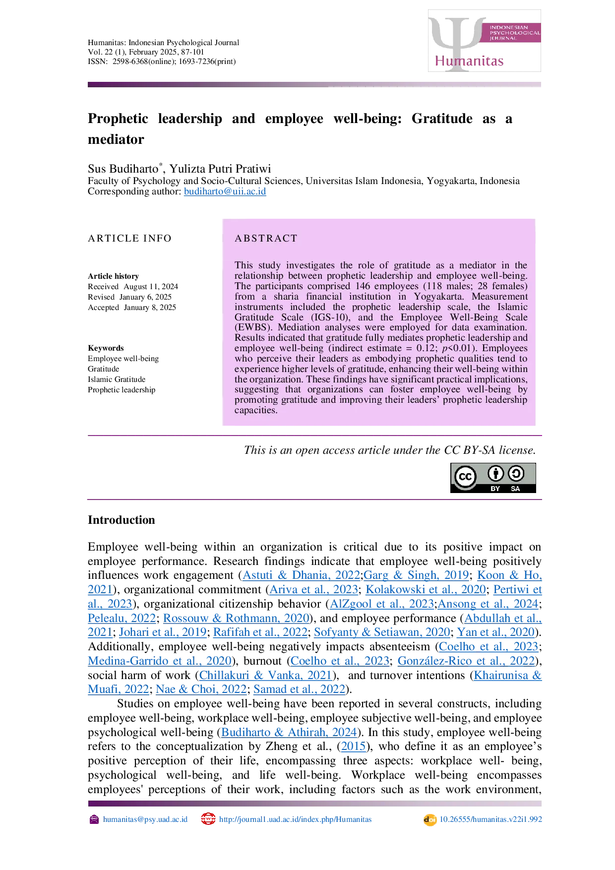 JURIS Prophetic leadership and employee well being Gratitude as a mediator